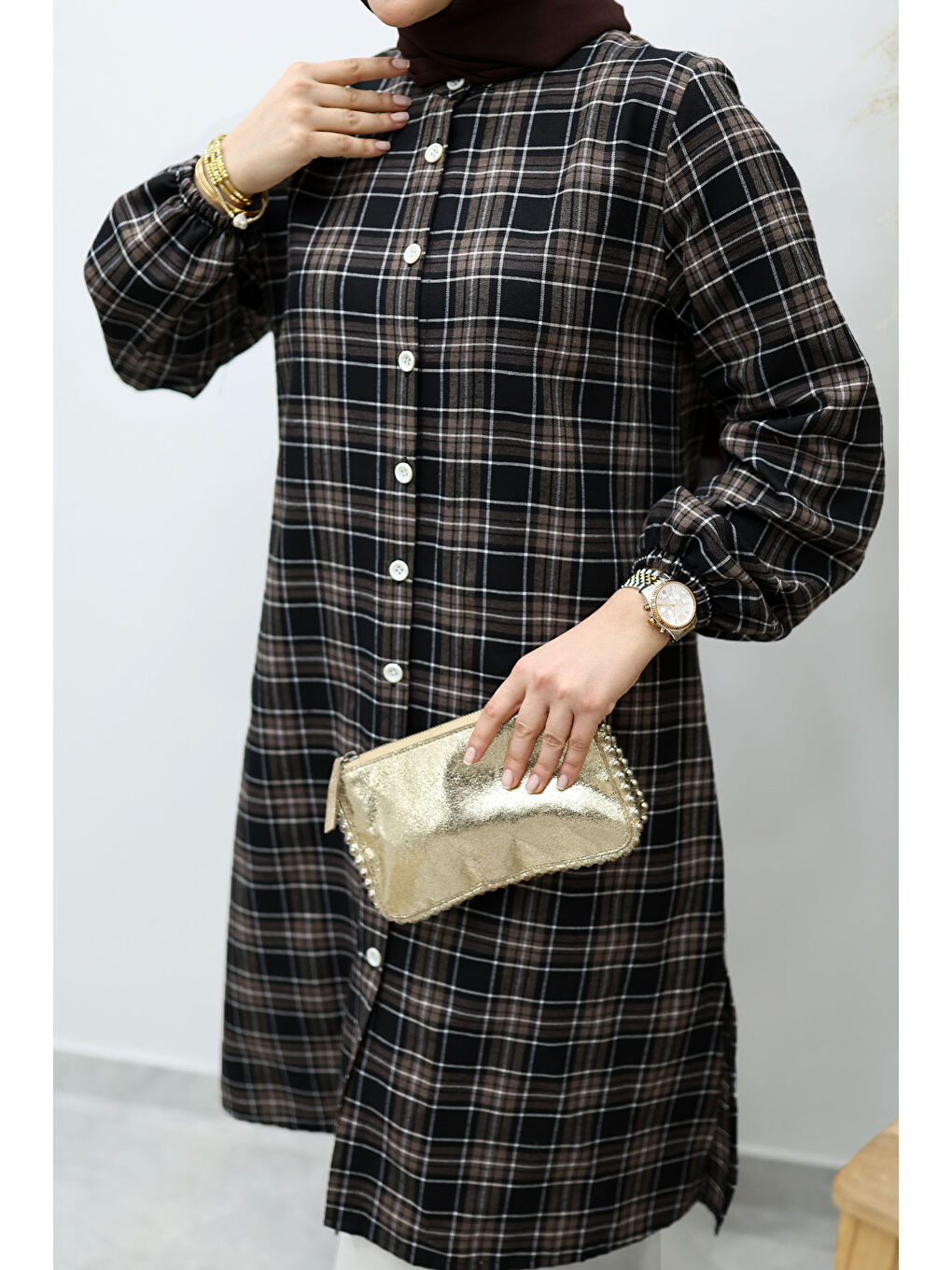 Kahverengi Düğmeli Ekose Takım TSD260154 Acı Kahve-3