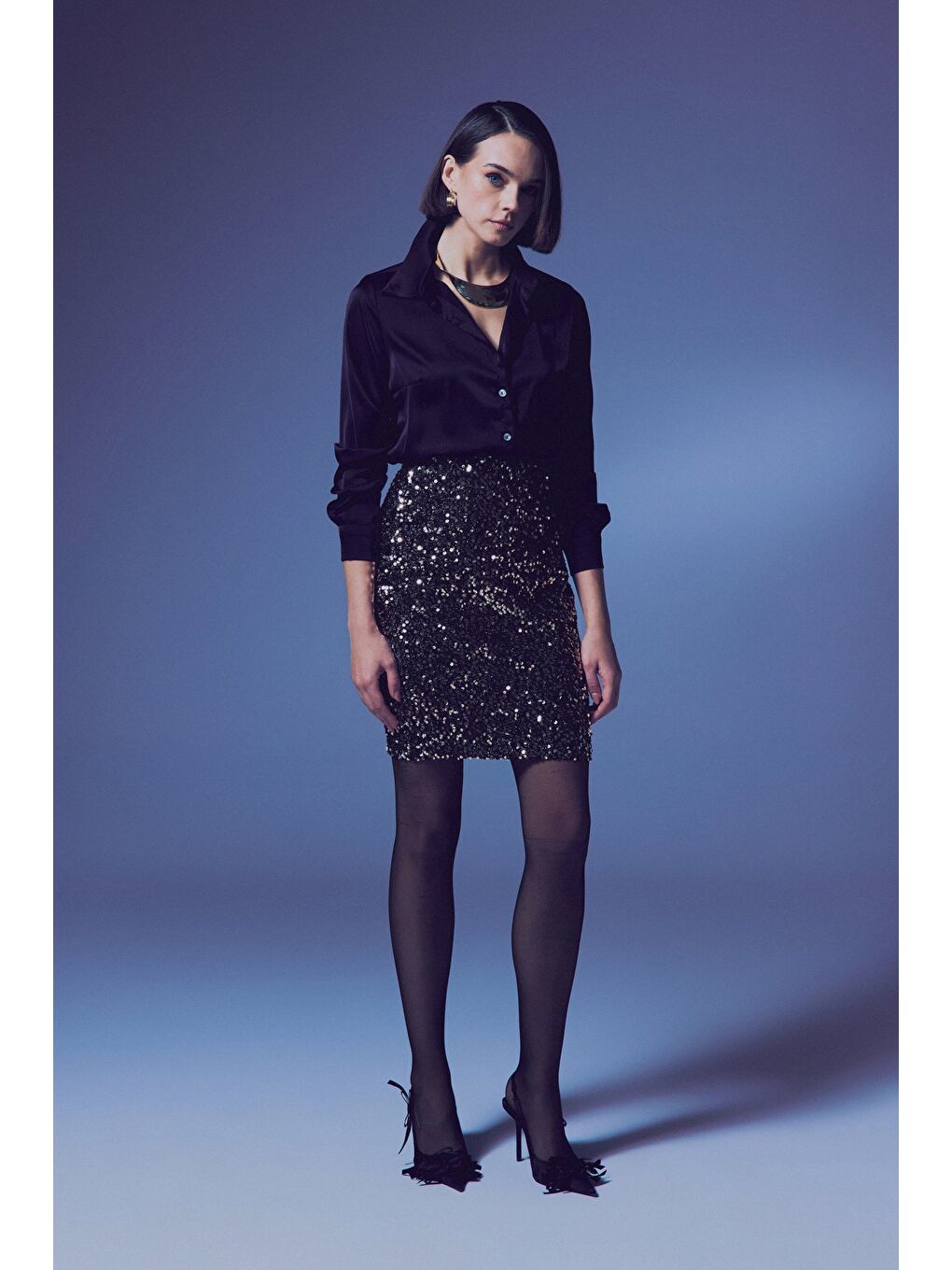 Sarı Payetli Mini Etek - Gold-5