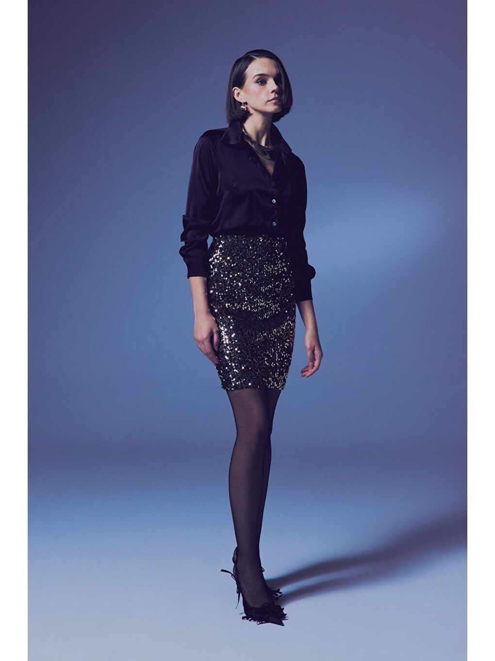 Sarı Payetli Mini Etek - Gold-6