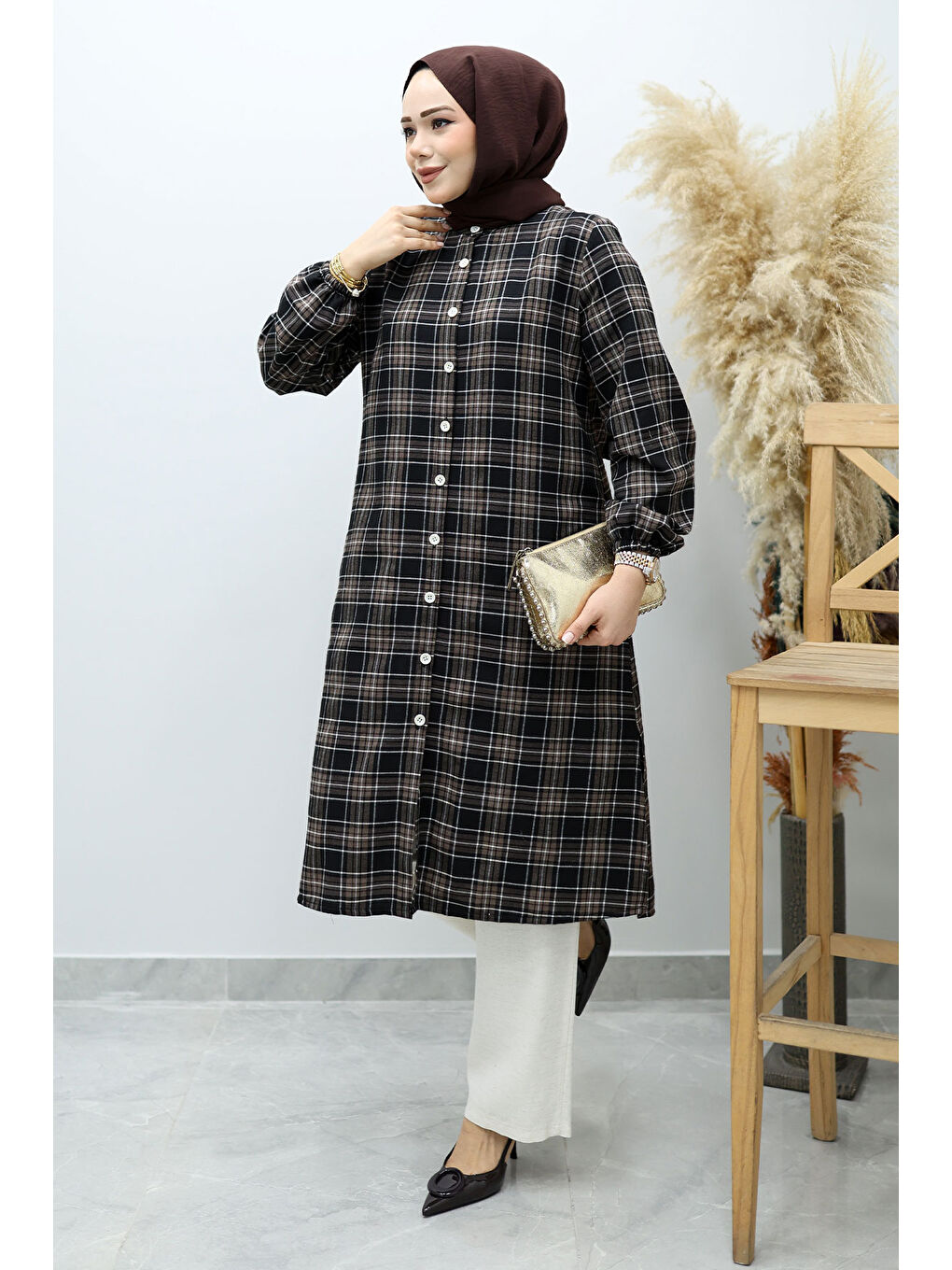 Kahverengi Düğmeli Ekose Takım TSD260154 Acı Kahve-4