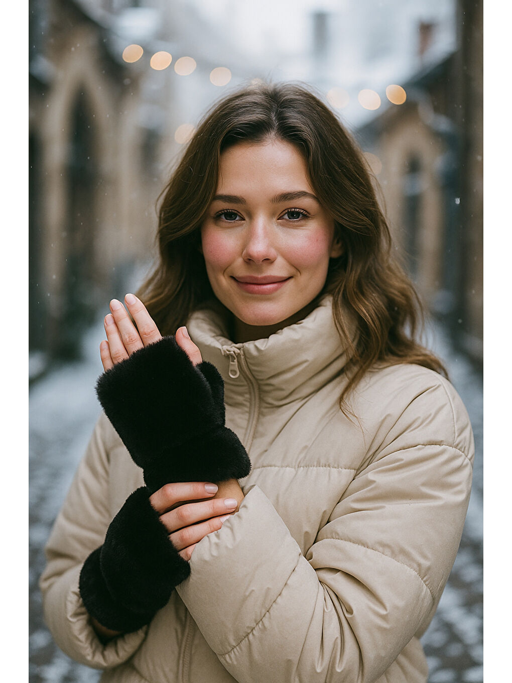 Kadın Siyah Kesik Pelüş Eldiven ELD33