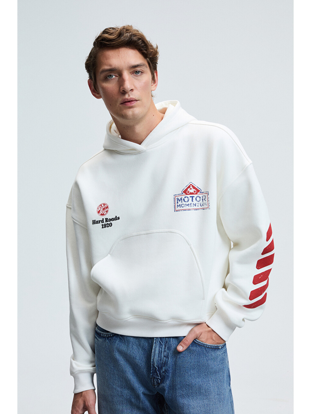 Erkek Kapüşonlu Kanguru Cepli Kolları Ve Sırtı Baskılı Relaxed Fit Beyaz Sweatshirt-1