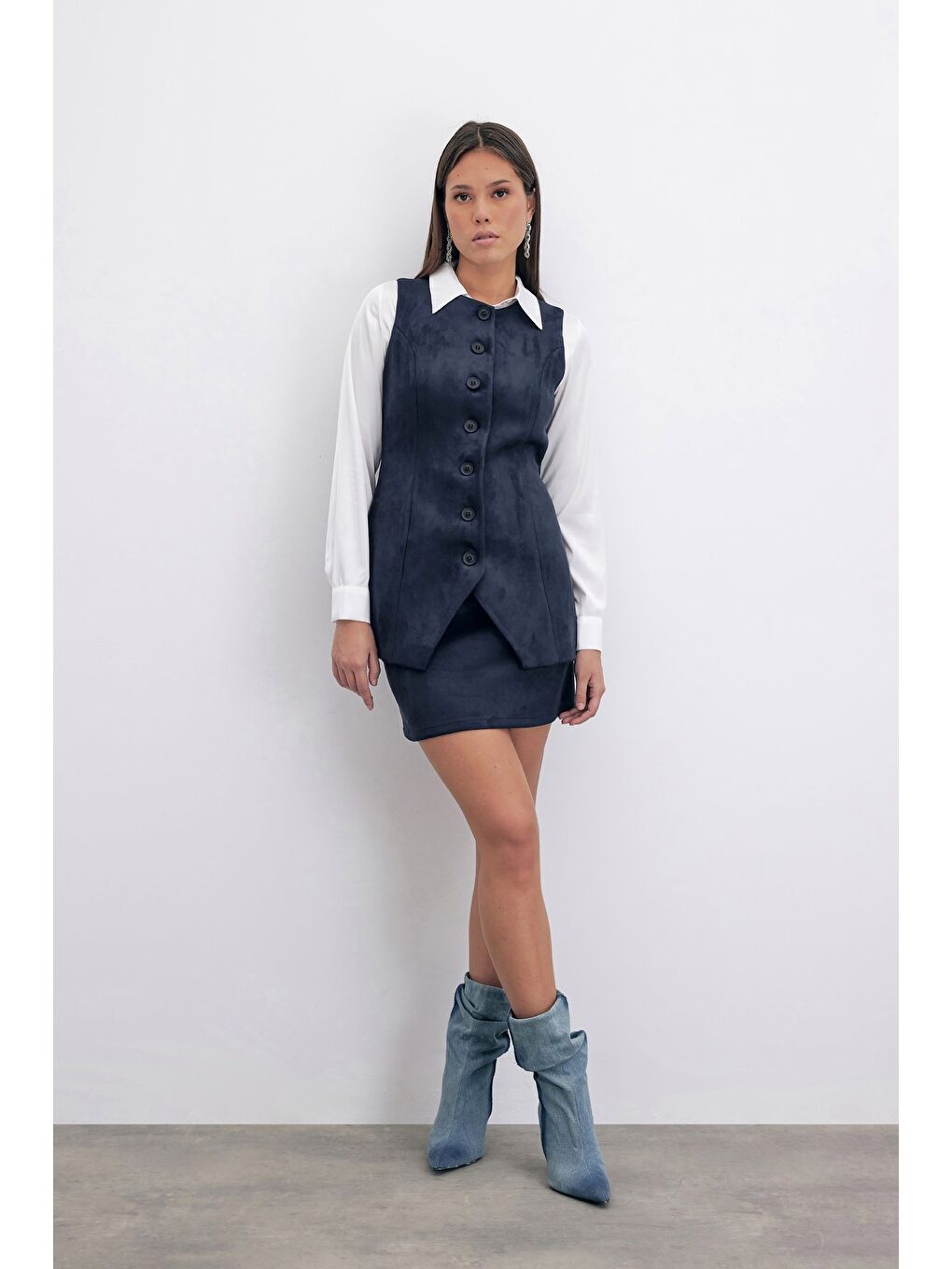 Kısa Süet Etek - Lacivert-1