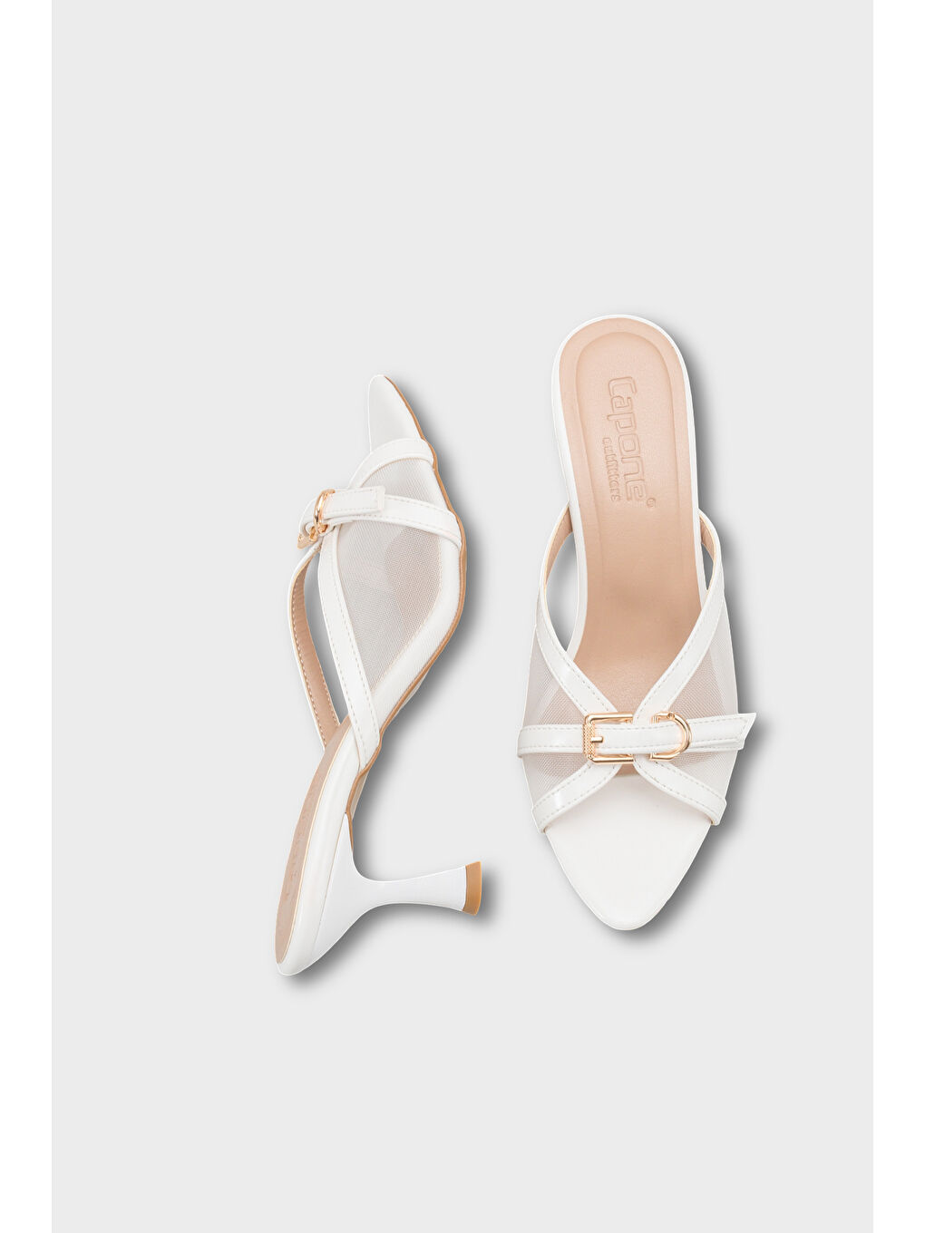 Beyaz Marnie Sivri Burunlu Fileli Metal Tokalı Orta Topuklu Kadın Terlik-4