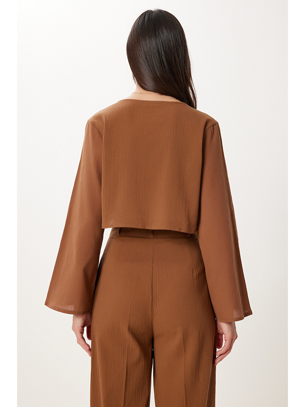 Kahverengi Bağlama Detaylı Keten Bluz Pantolon Takım KAHVERENGİ LBV0068-4