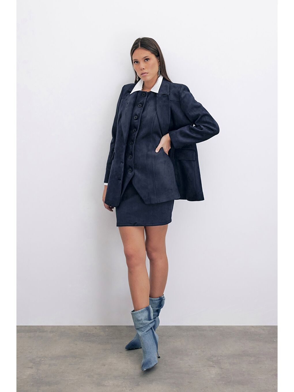 Kısa Süet Etek - Lacivert-3