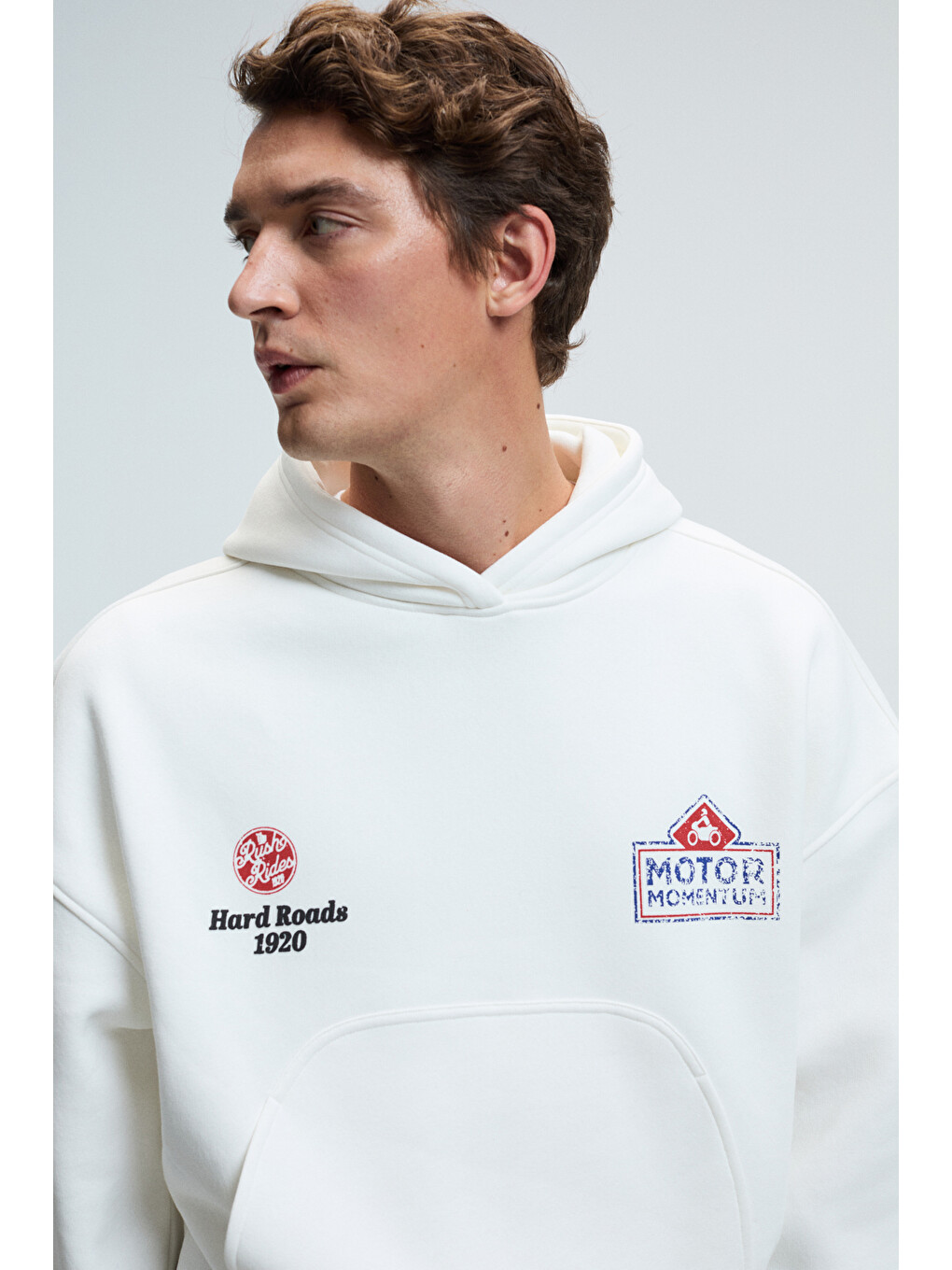 Erkek Kapüşonlu Kanguru Cepli Kolları Ve Sırtı Baskılı Relaxed Fit Beyaz Sweatshirt-3