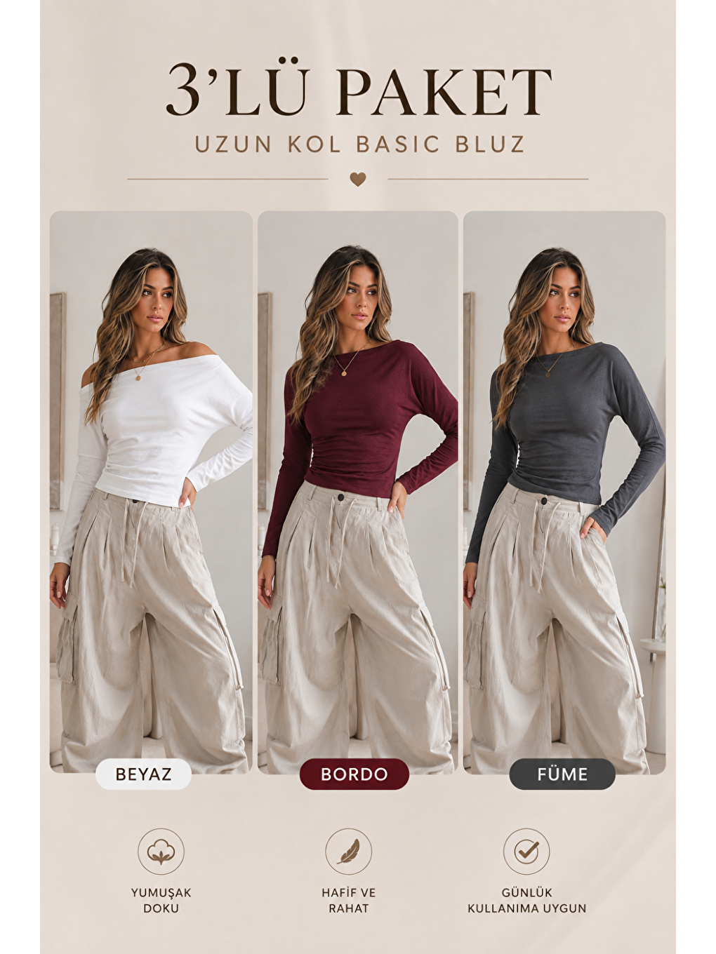 Gri Kadın Kayık Yaka Basic Dar 3 Lü Bluz