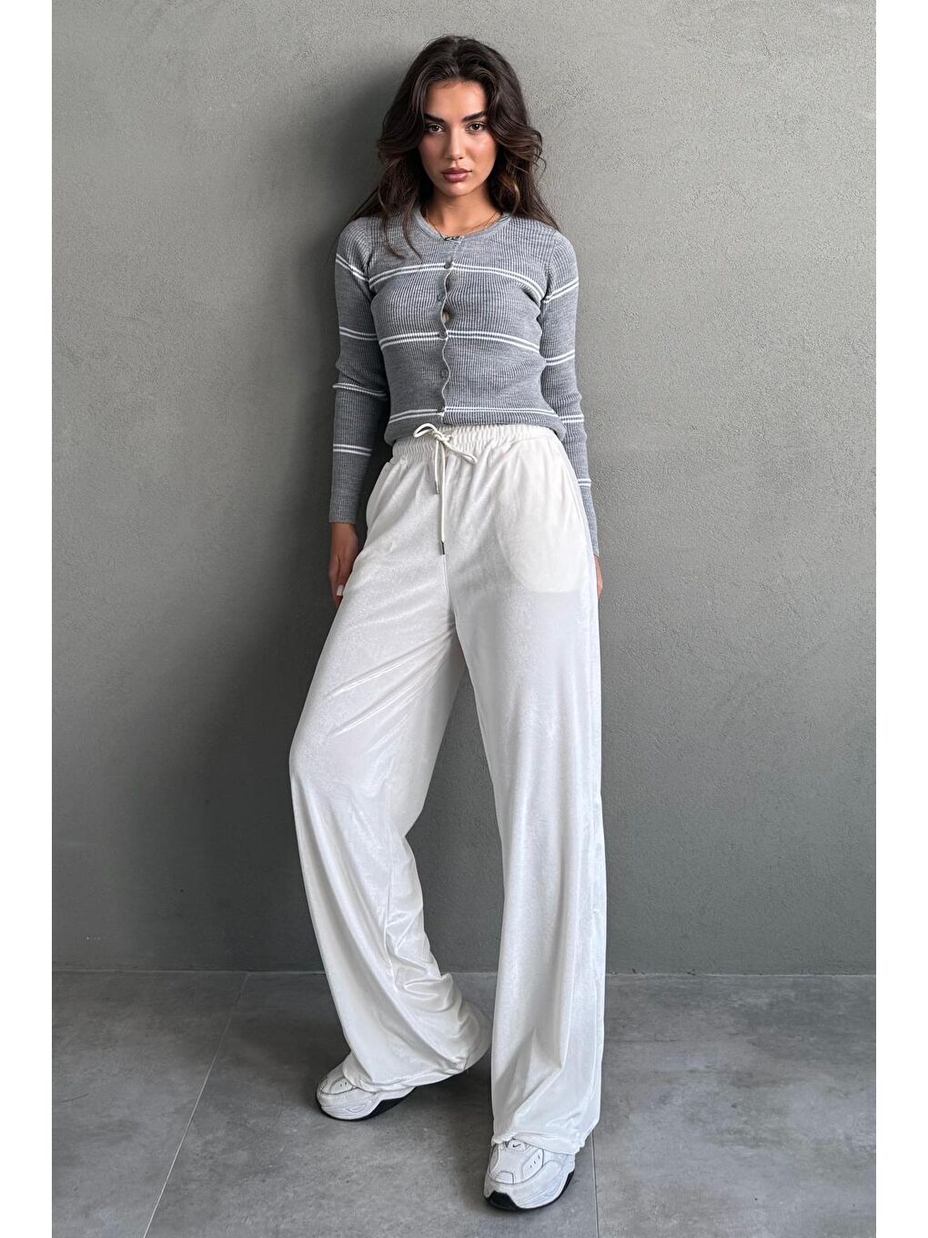 Gri Çizgili Kadın Triko Hırka Mg2481-5