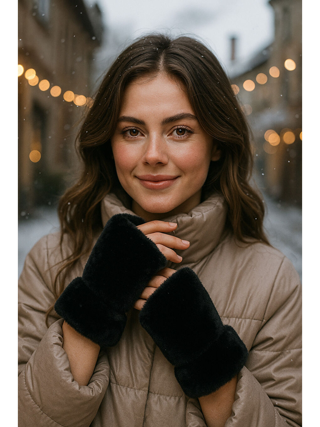 Kadın Siyah Kesik Pelüş Eldiven ELD33-1