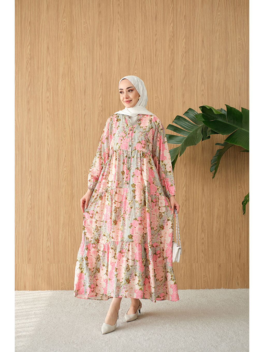 Kadın Mini Gül Desen Elbise Pembe-1