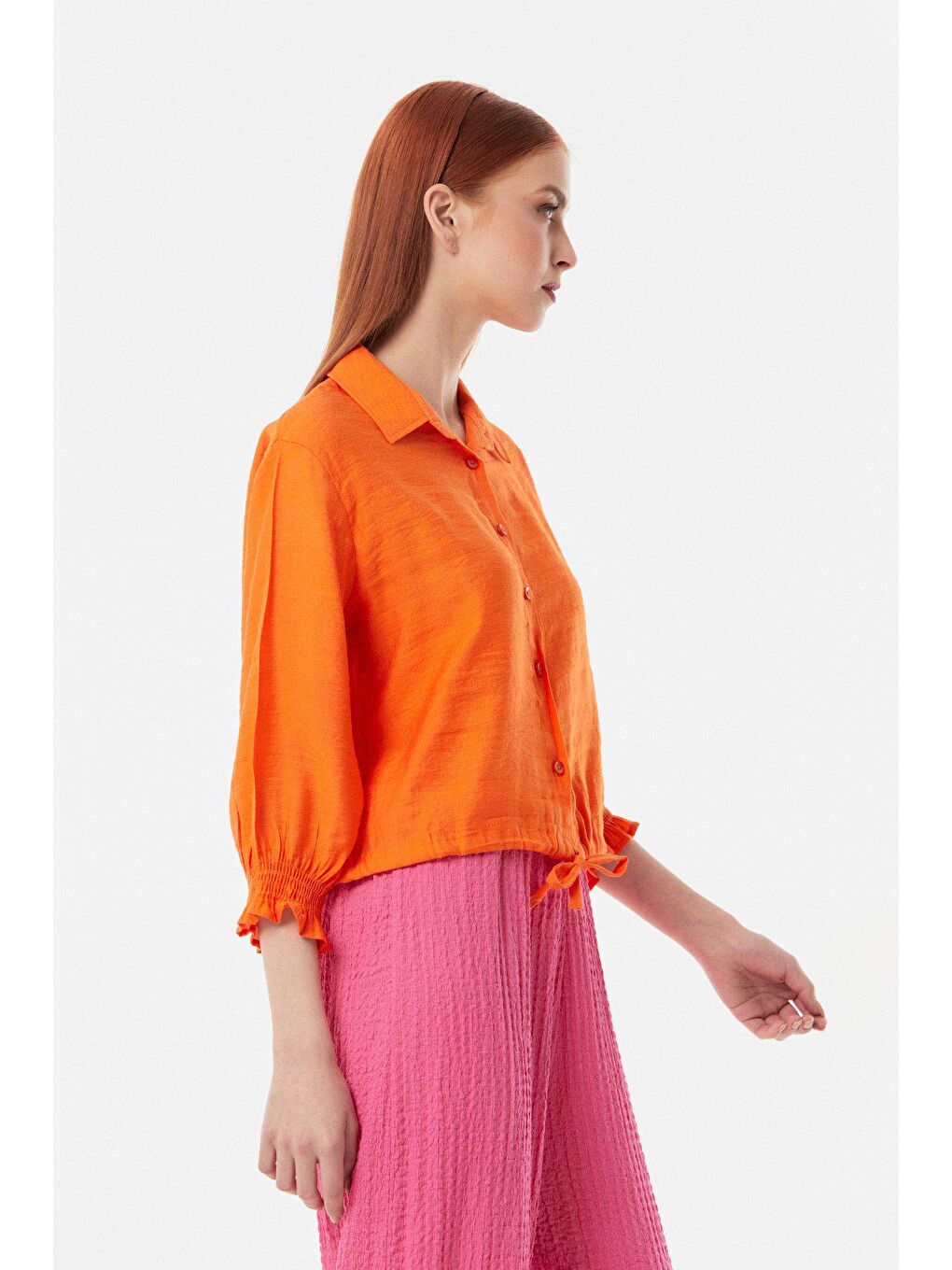 Turuncu Kolu Gipeli Beli Bağlamalı Gömlek-2