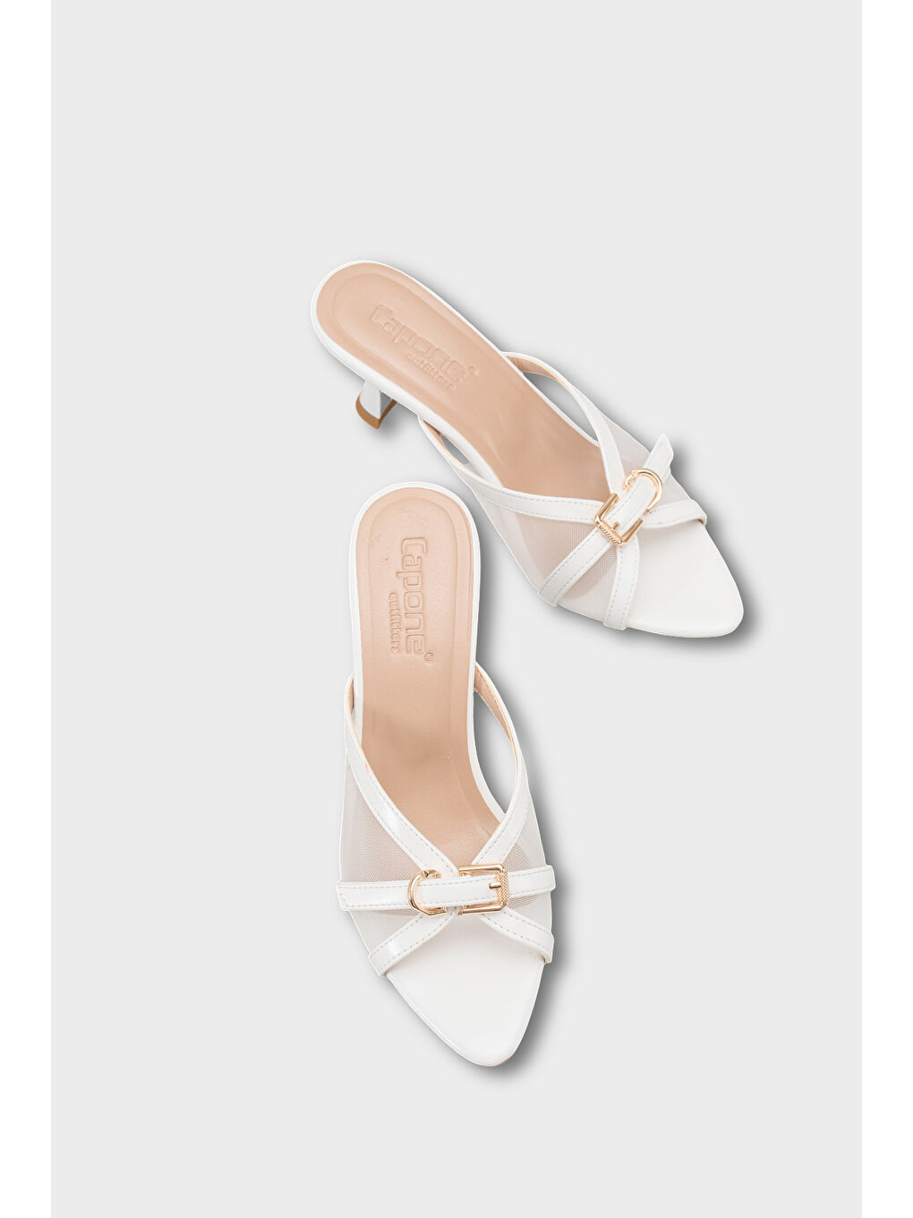 Beyaz Marnie Sivri Burunlu Fileli Metal Tokalı Orta Topuklu Kadın Terlik-5