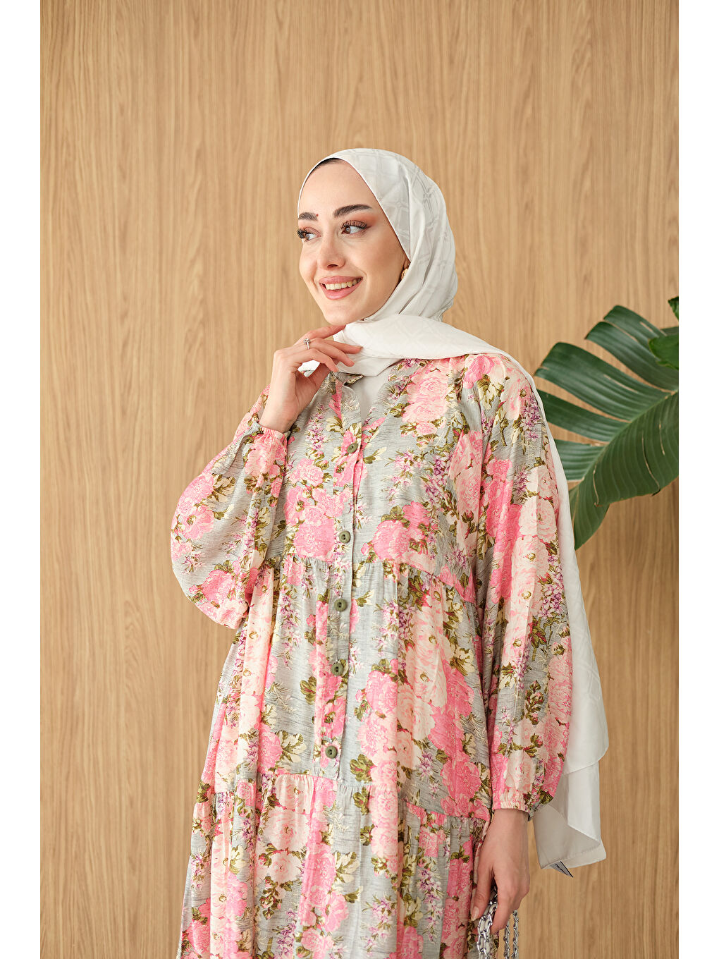 Kadın Mini Gül Desen Elbise Pembe-2