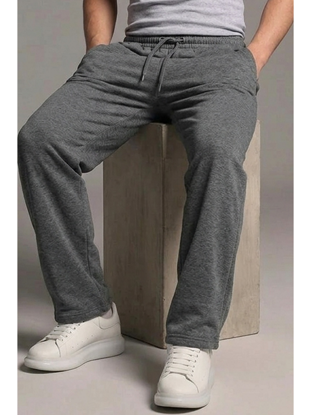 Gri Erkek Beli Lastikli Bol Paça Füme Eşofman Altı-5