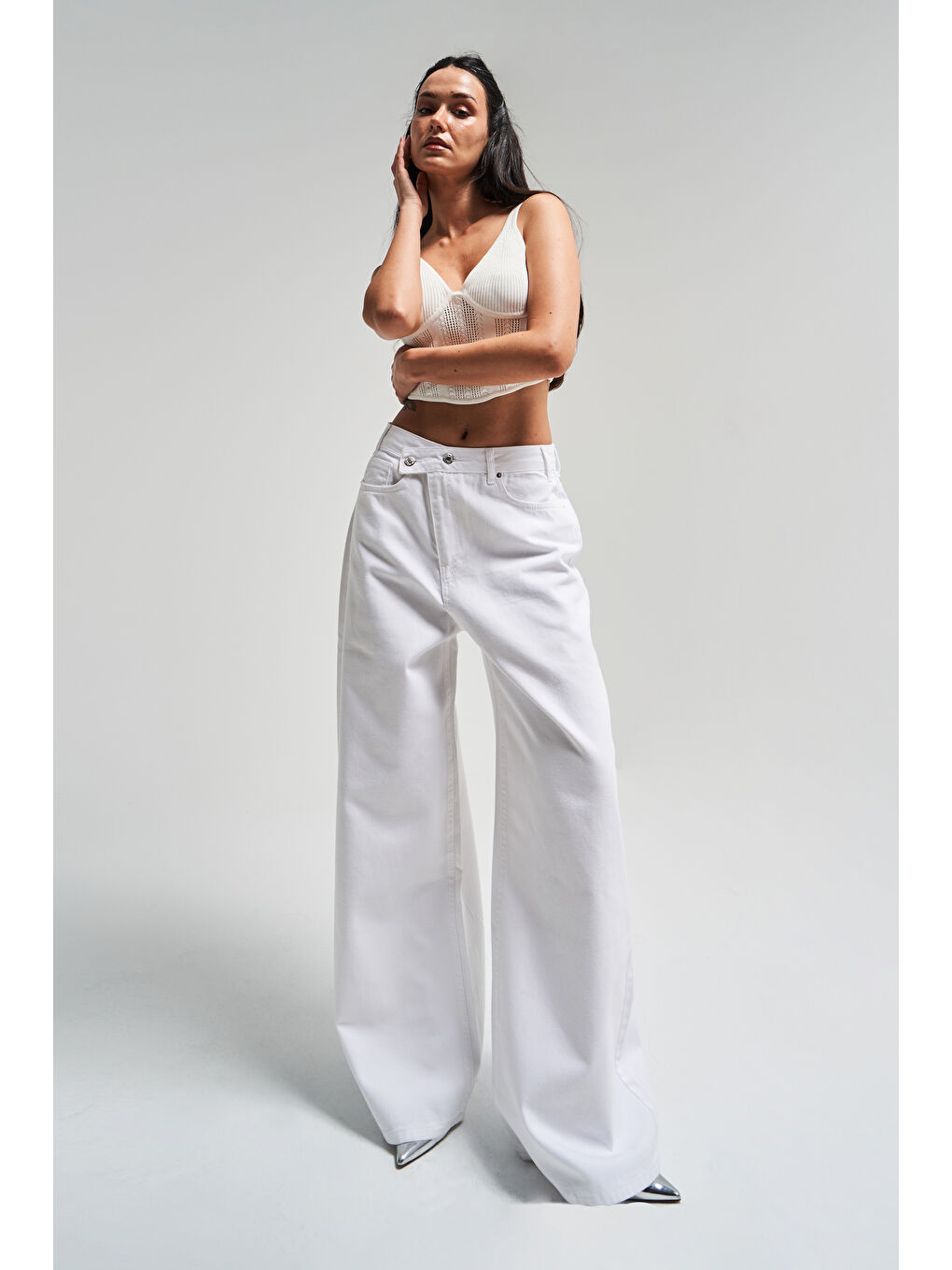 Kadın Beyaz Renk 5s5 2 Mega Baggy Fit Bol Kesim  100 Pamuk Kemer Detaylı Denim Jean