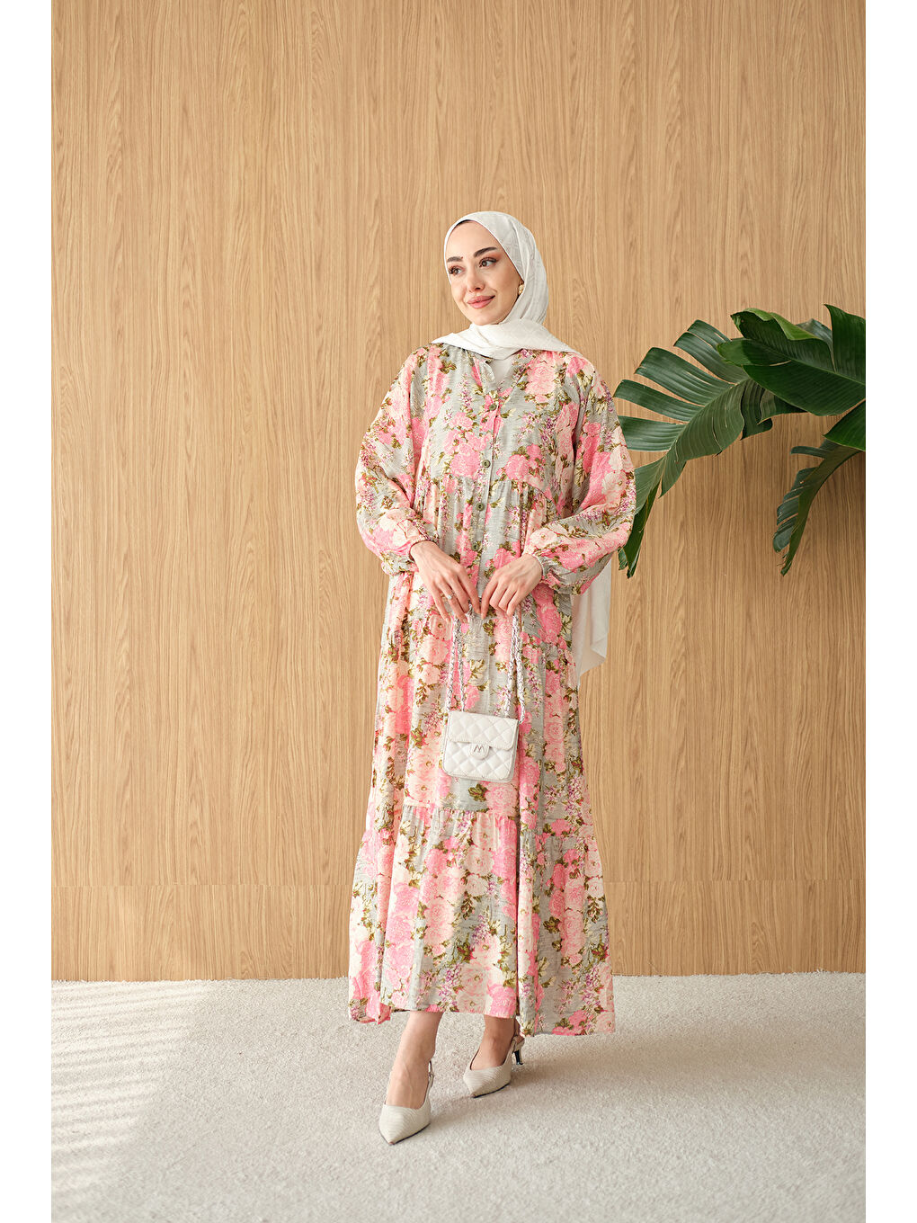 Kadın Mini Gül Desen Elbise Pembe-3