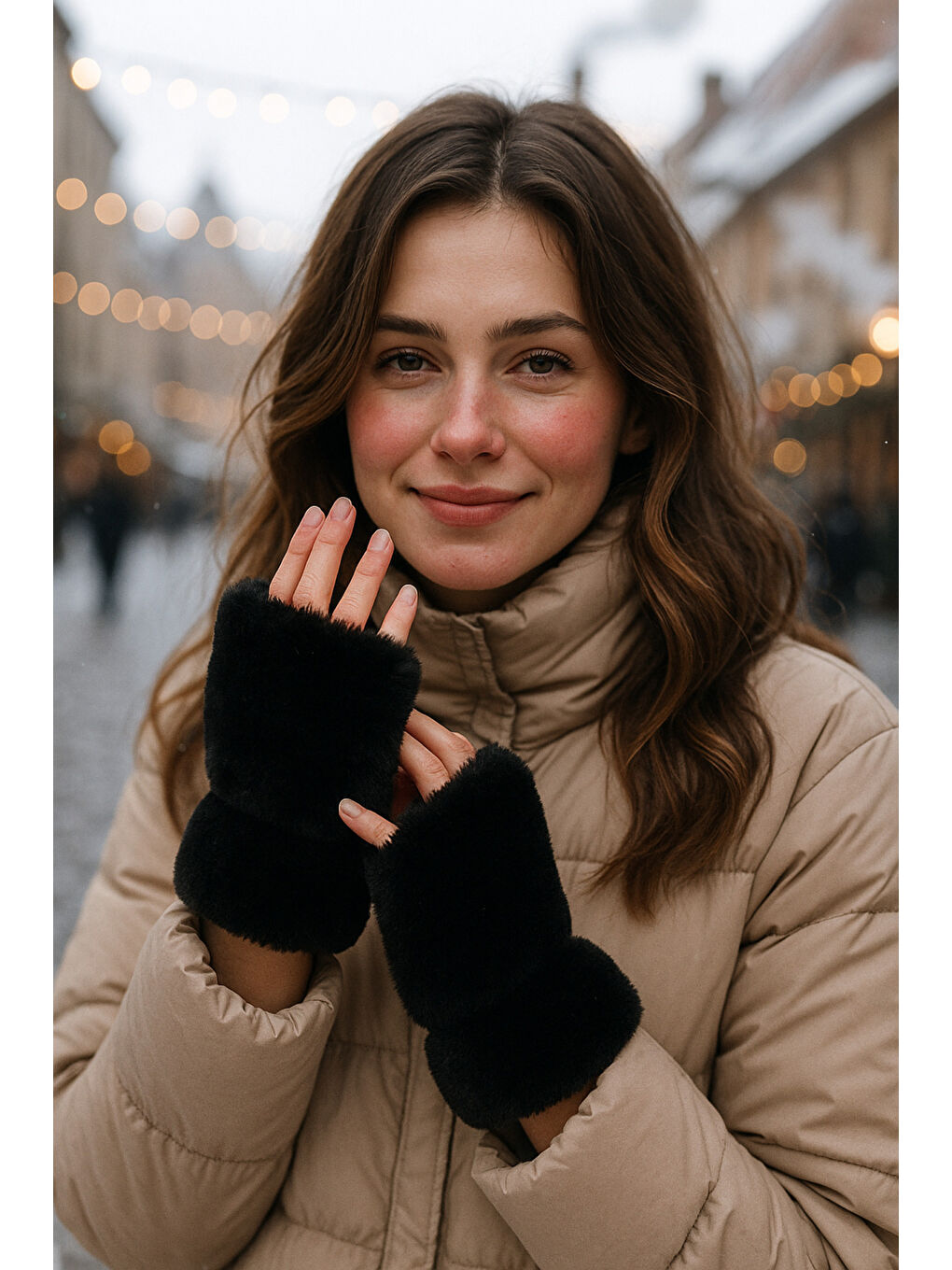 Kadın Siyah Kesik Pelüş Eldiven ELD33-3