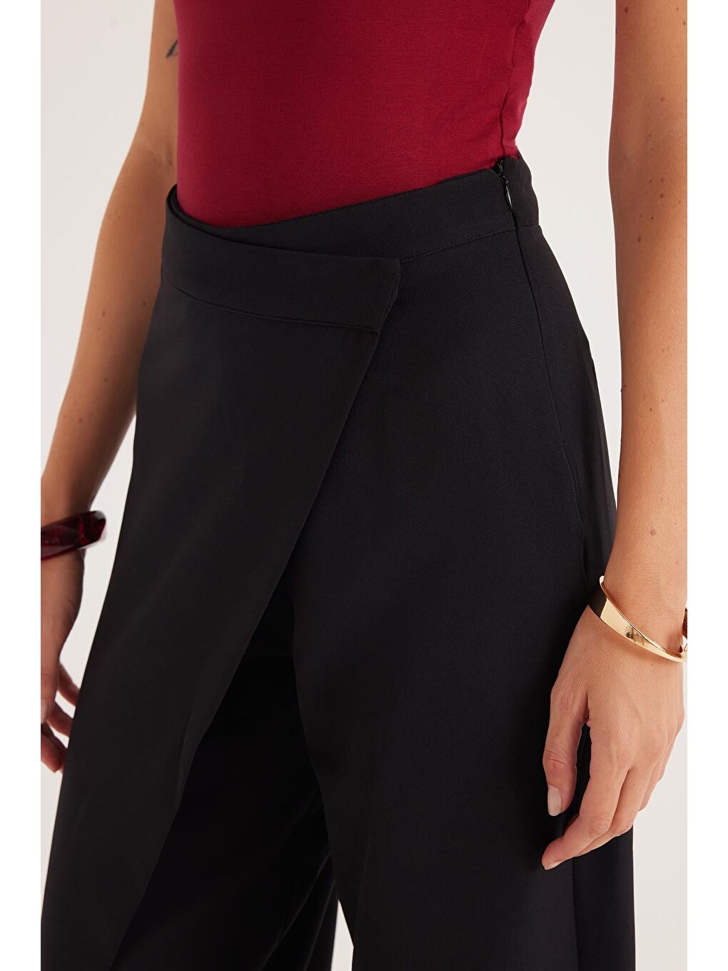 Kadın Standart Fit Geniş Paça Siyah Double Pantolon-2