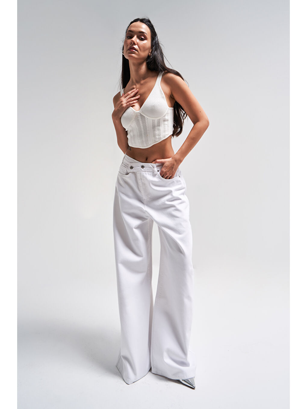 Kadın Beyaz Renk 5s5 2 Mega Baggy Fit Bol Kesim  100 Pamuk Kemer Detaylı Denim Jean-3