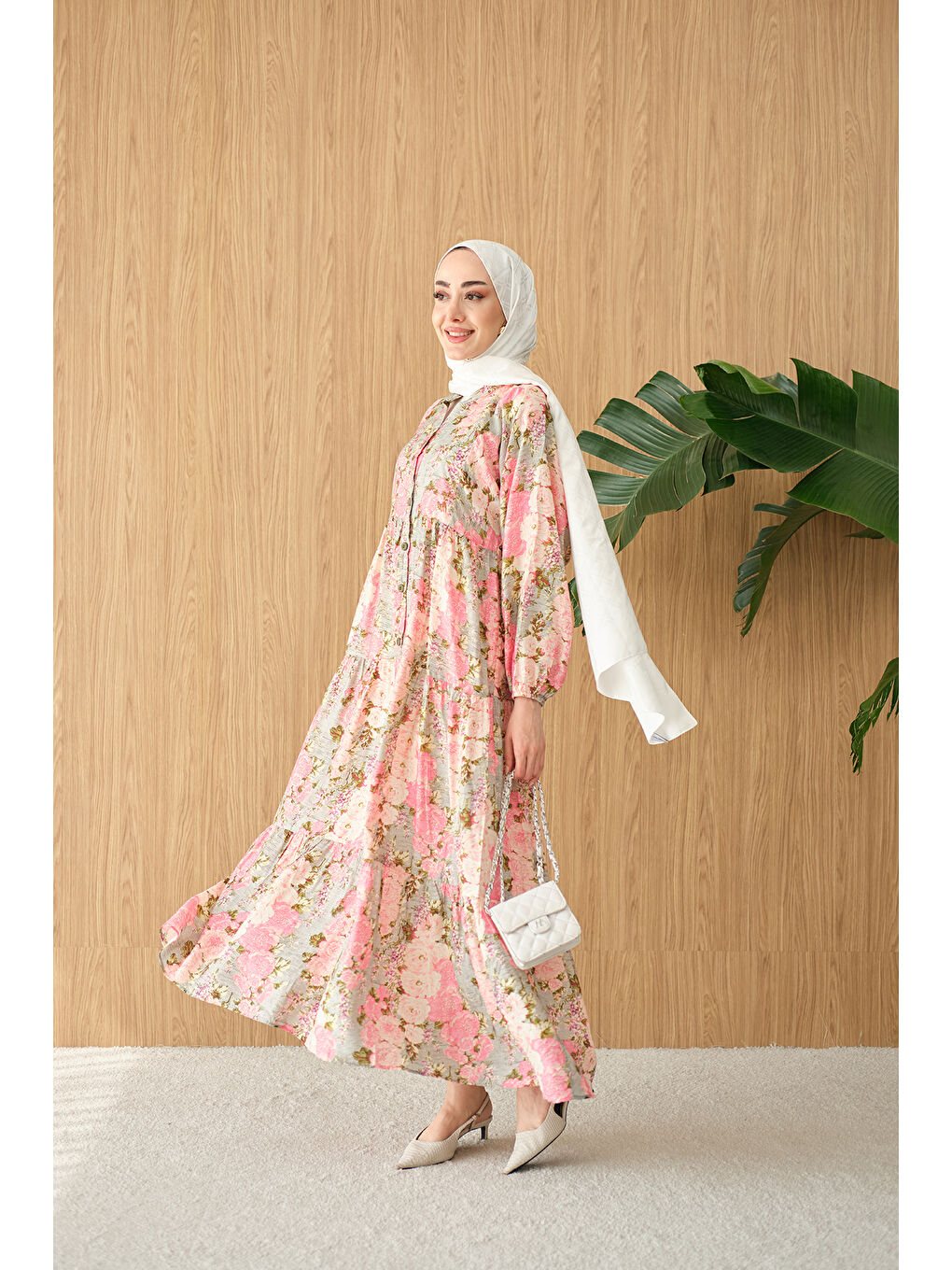 Kadın Mini Gül Desen Elbise Pembe-4