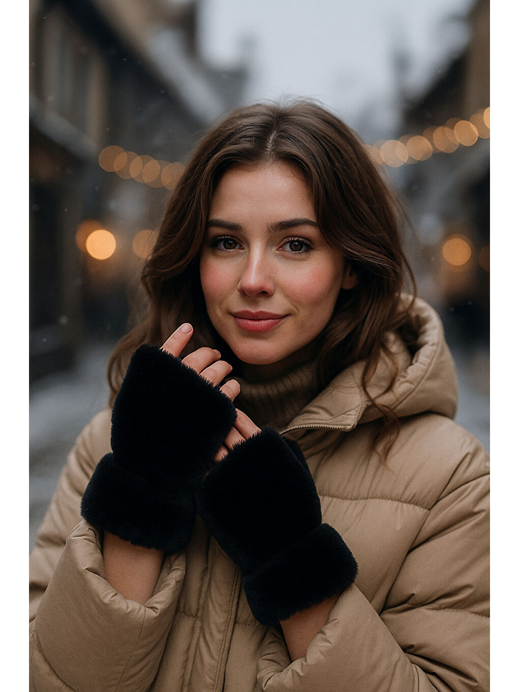 Kadın Siyah Kesik Pelüş Eldiven ELD33-4