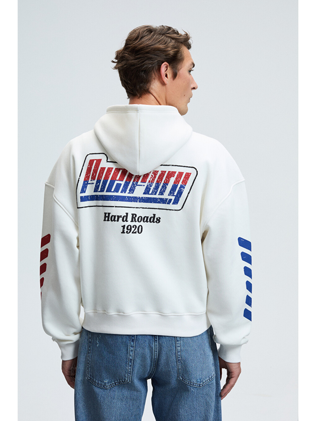 Erkek Kapüşonlu Kanguru Cepli Kolları Ve Sırtı Baskılı Relaxed Fit Beyaz Sweatshirt-5