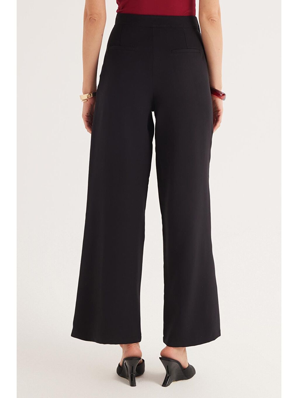 Kadın Standart Fit Geniş Paça Siyah Double Pantolon-6