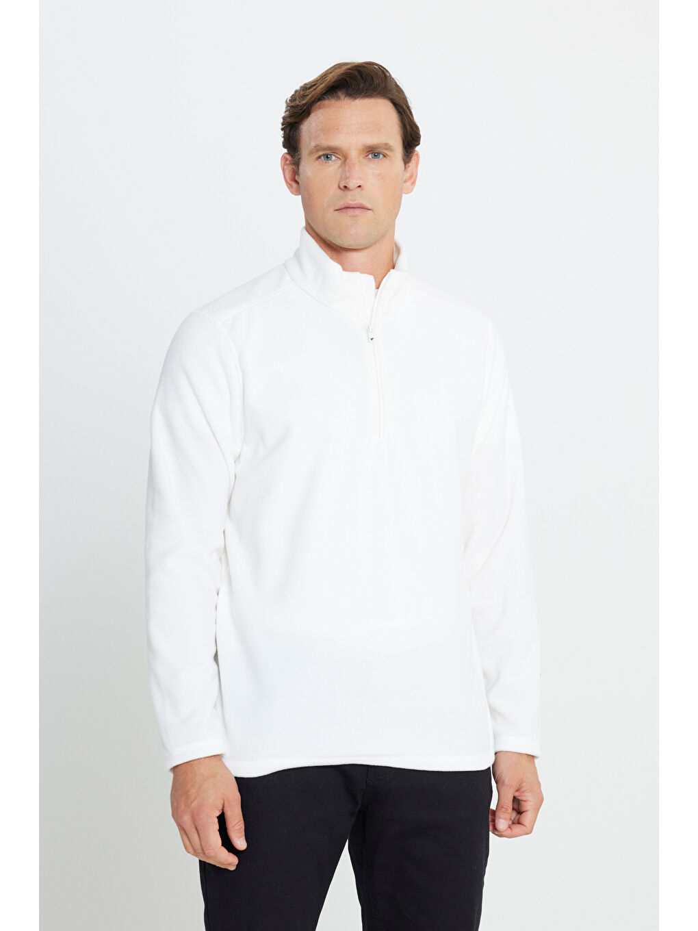 Erkek Beyaz Anti-Pilling Tüylenme Yapmayan Standart Fit Dik Yaka Polar Sweatshirt-1