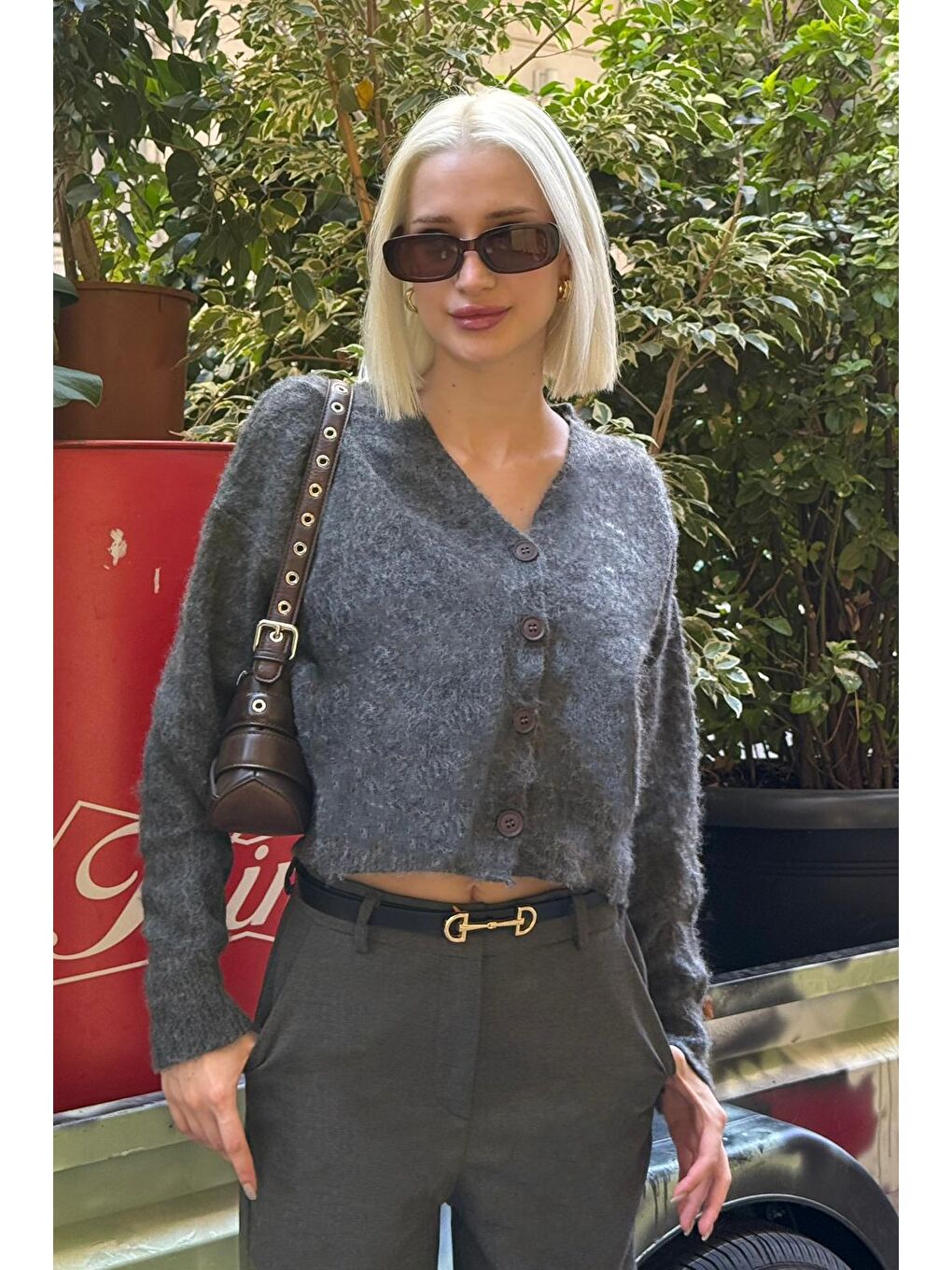 Antrasit V Yaka Kadın Triko Hırka Mg2462-1