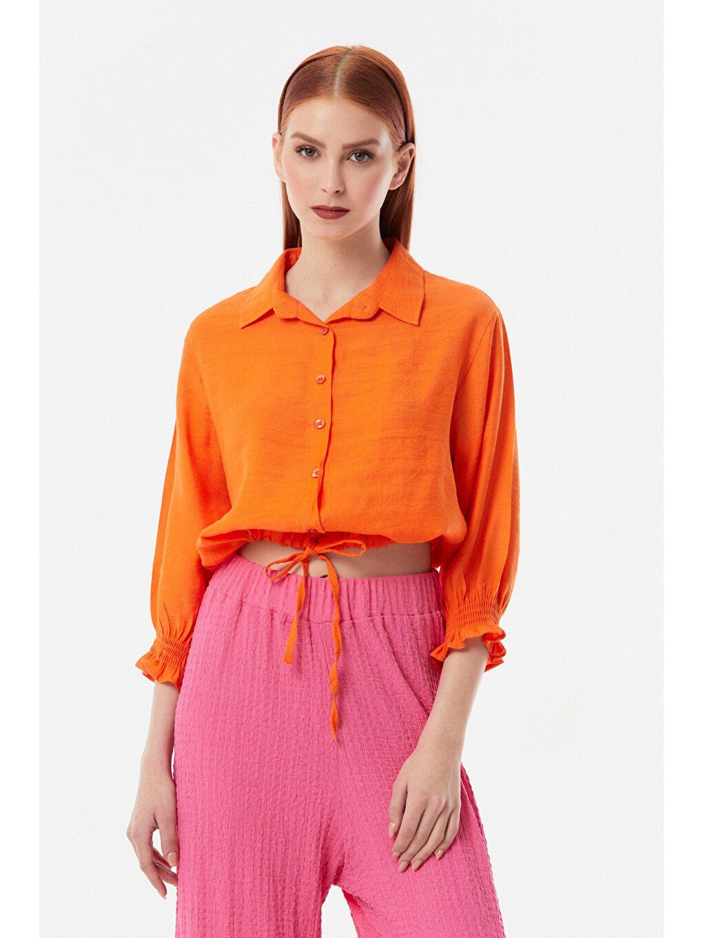 Turuncu Kolu Gipeli Beli Bağlamalı Gömlek-3