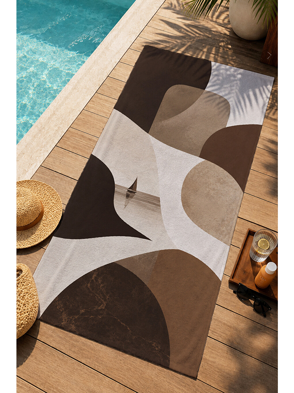 Kahverengi Modern Kahve Krem Organik Soyut Desenli 70x150 Plaj Havlusu - Dijital Baskılı Solmaz Banyo Havlusu