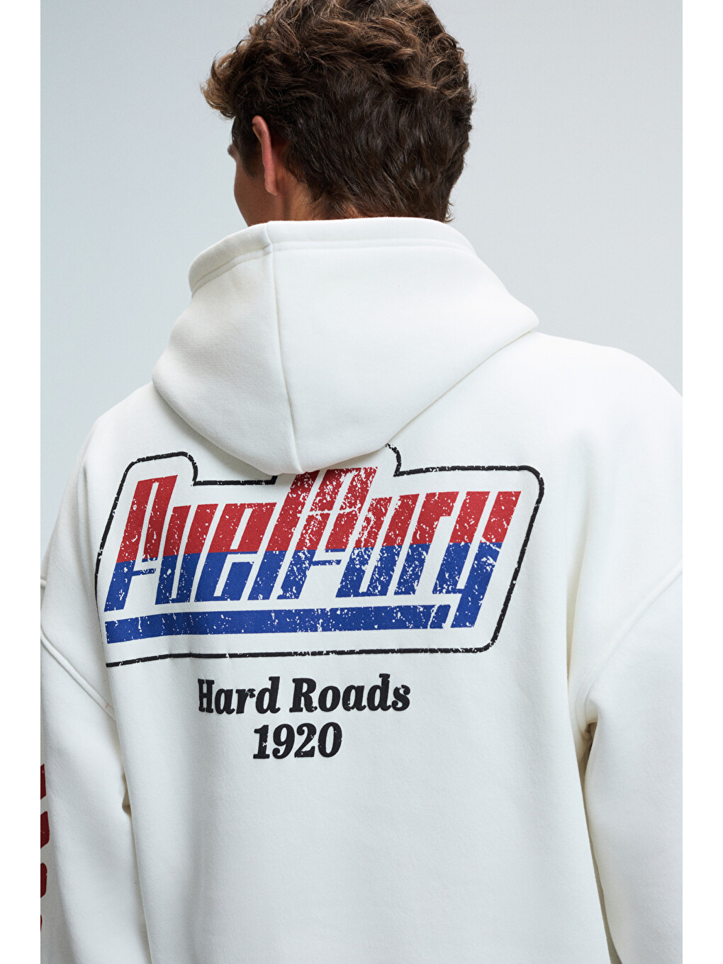 Erkek Kapüşonlu Kanguru Cepli Kolları Ve Sırtı Baskılı Relaxed Fit Beyaz Sweatshirt-6