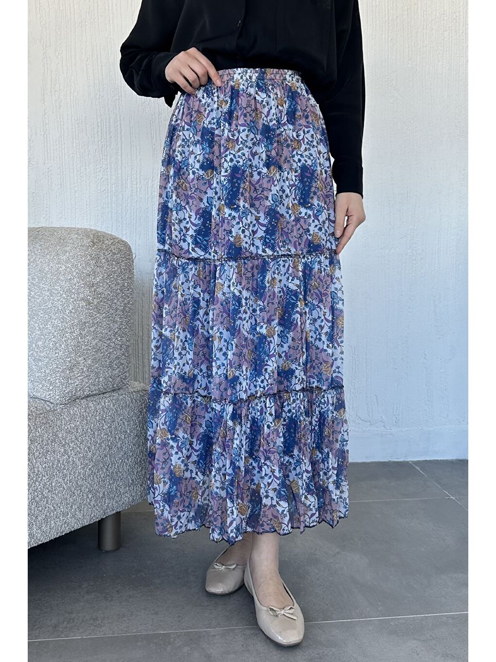 İndigo Bel Lastikli Desenli Şifon Tesettür Etek-1