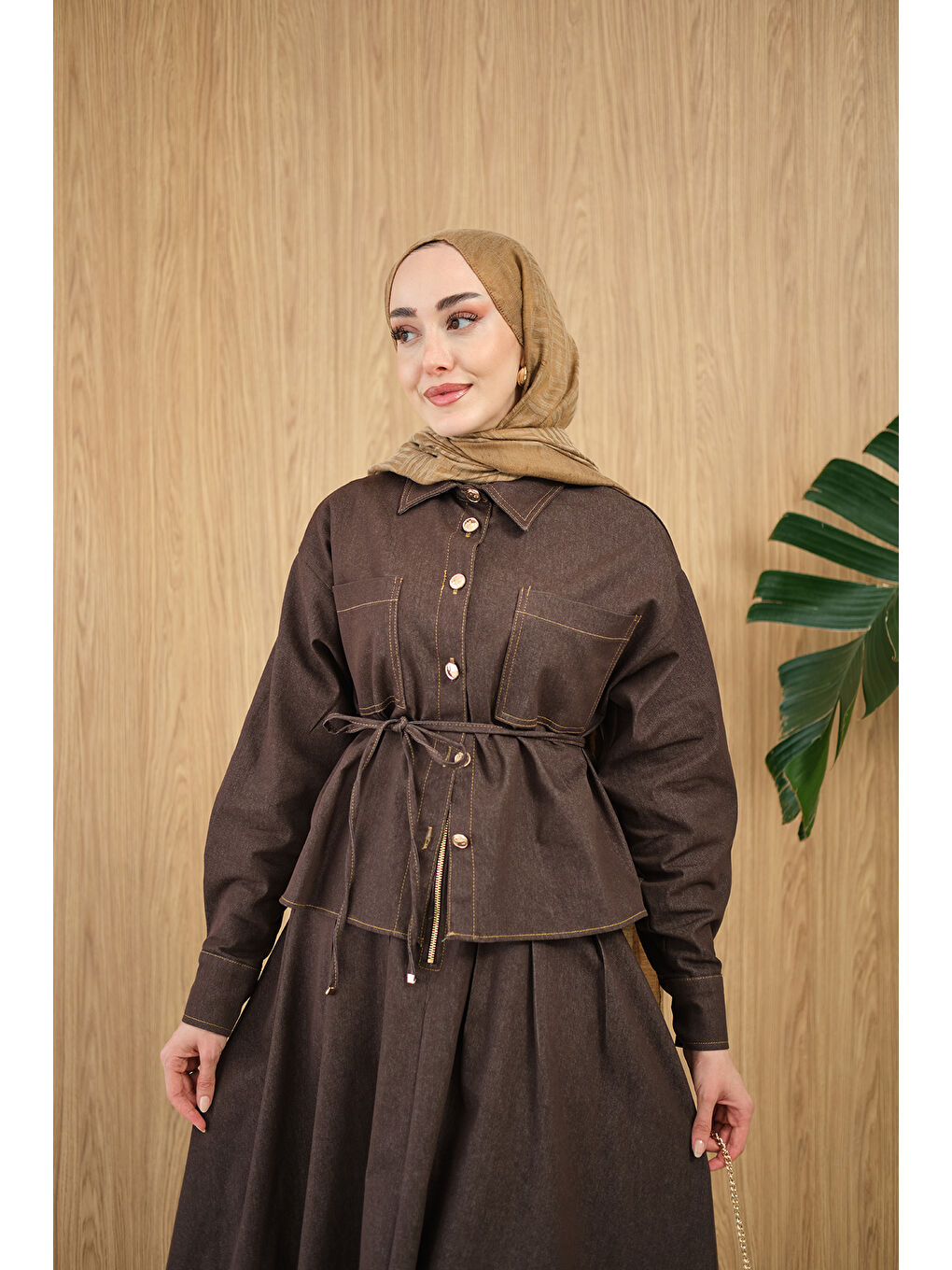 Kadın Çift Cep Detay Bel Bağlamalı Jean Takım Kahverengi-1