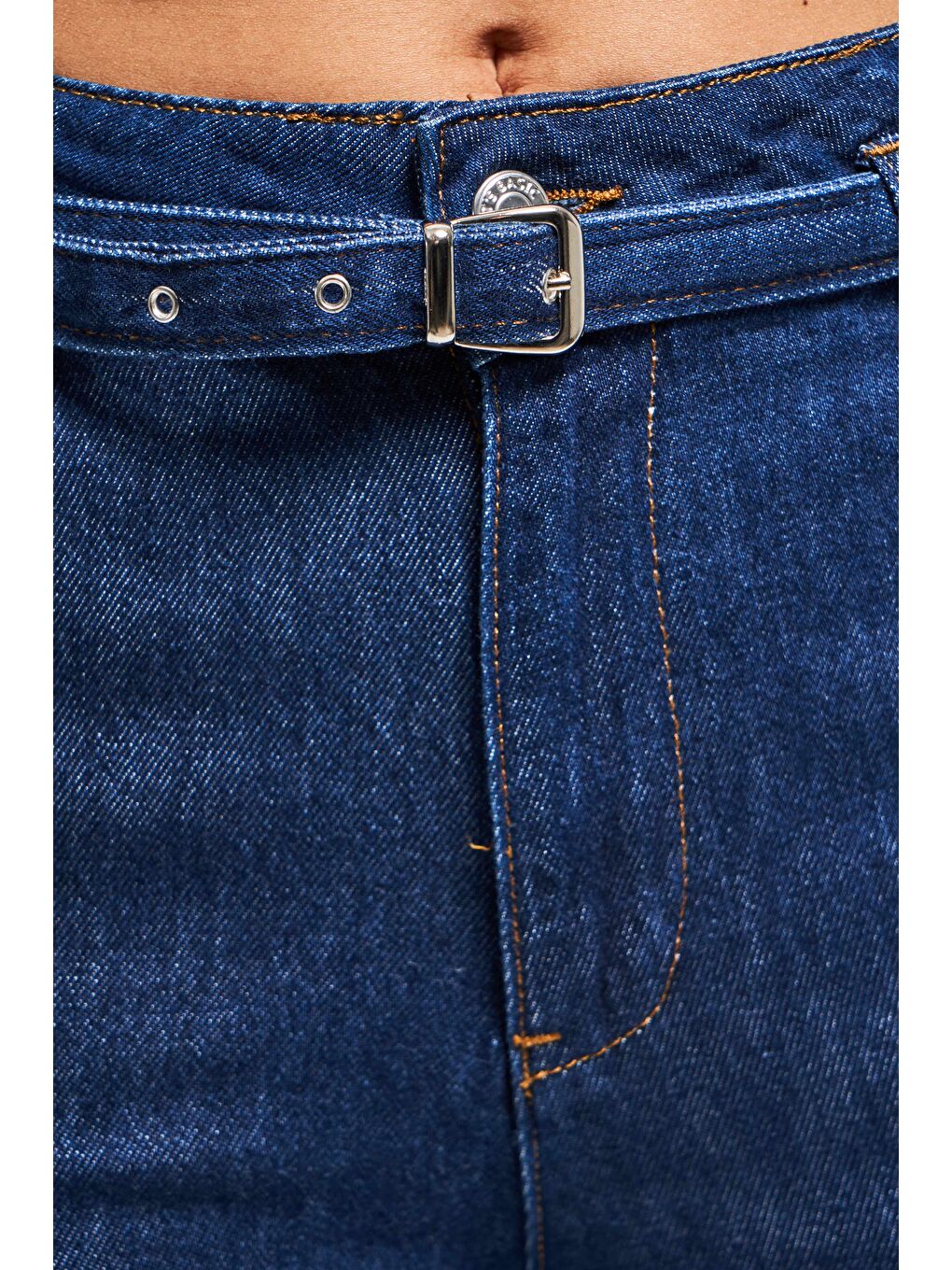 Kadın İndigo Renk 7s5-50/1 Wide Leg Fit Kemer Detaylı Viscon Kumaş %100 Pamuk Denim Jean-2