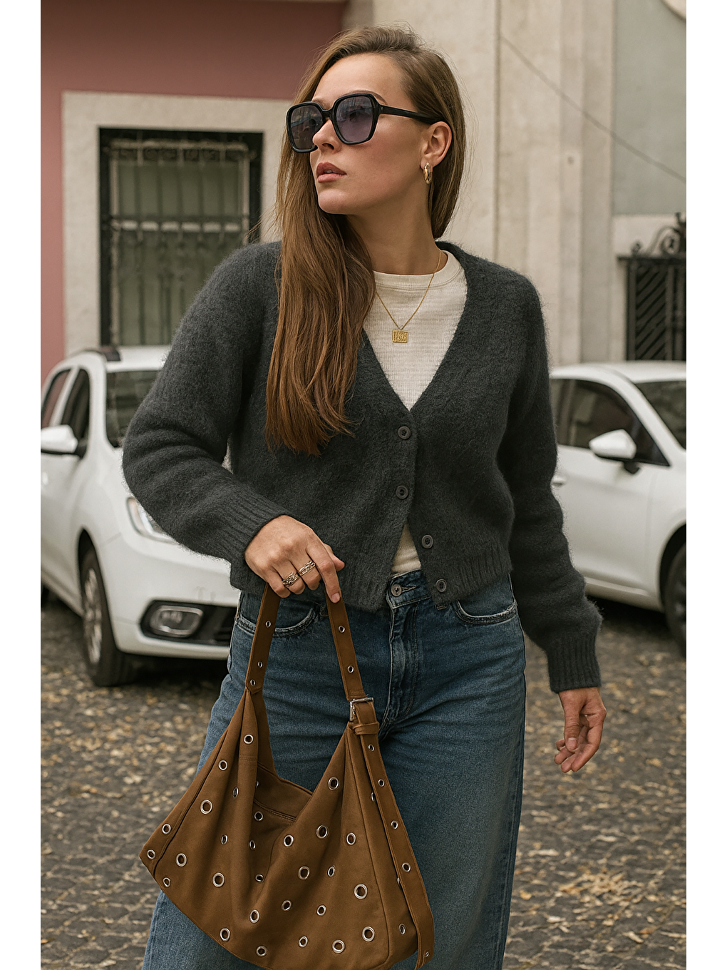 Antrasit V Yaka Kadın Triko Hırka Mg2462-3