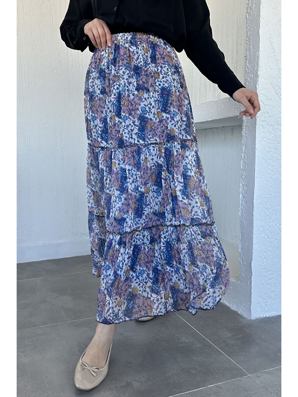 İndigo Bel Lastikli Desenli Şifon Tesettür Etek-2