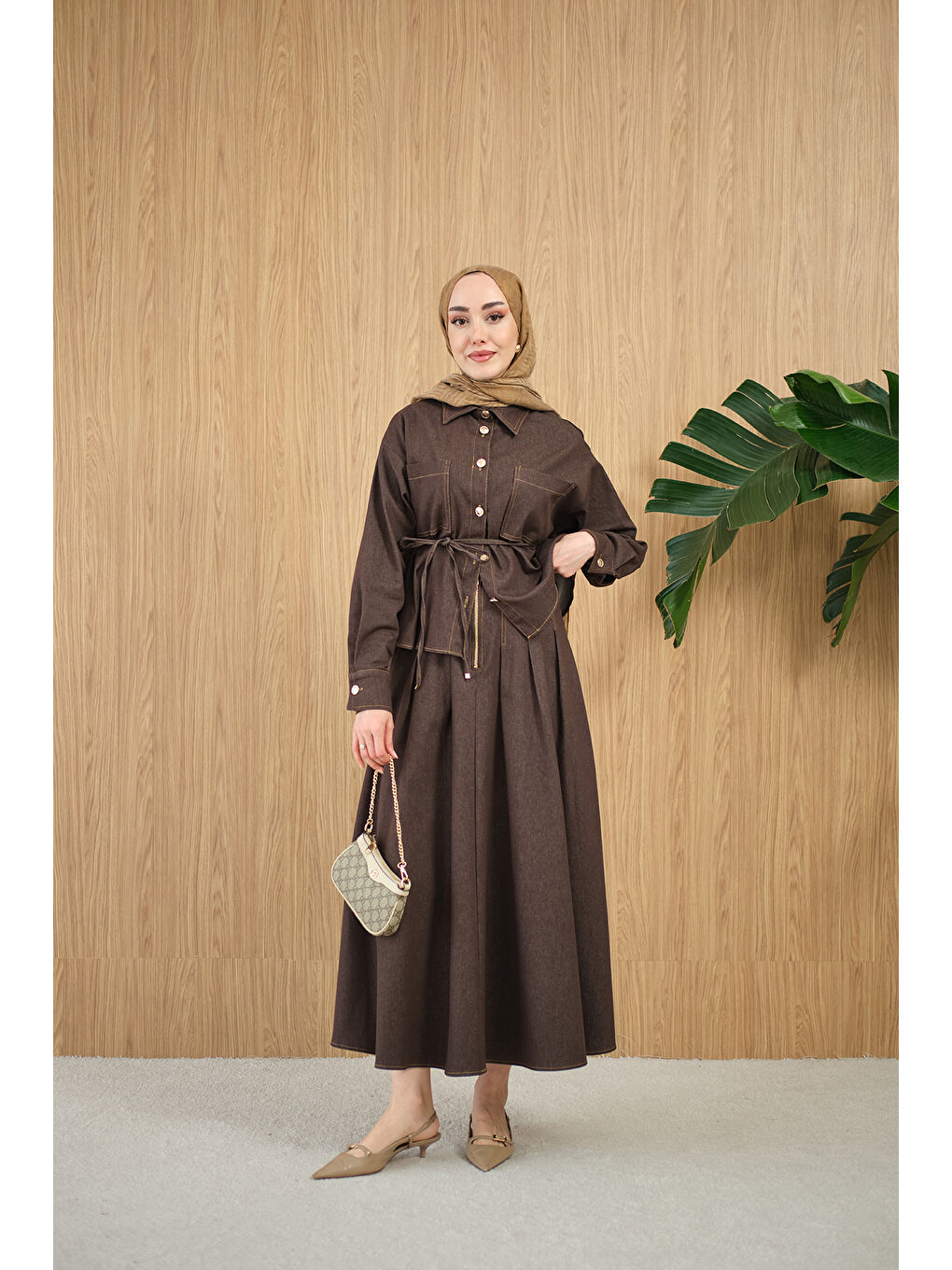 Kadın Çift Cep Detay Bel Bağlamalı Jean Takım Kahverengi-2