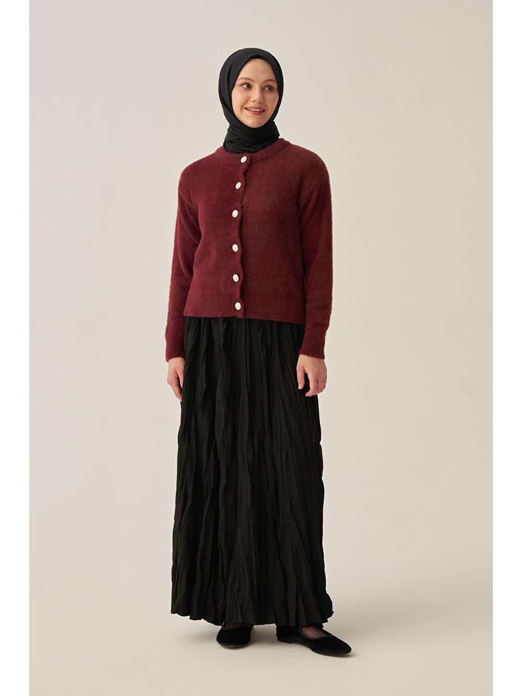 Bordo-Yumuşak Dokulu Dügmeli Hırka-1