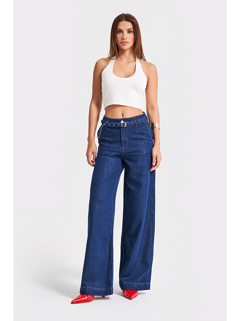 Kadın İndigo Renk 7s5-50/1 Wide Leg Fit Kemer Detaylı Viscon Kumaş %100 Pamuk Denim Jean-4