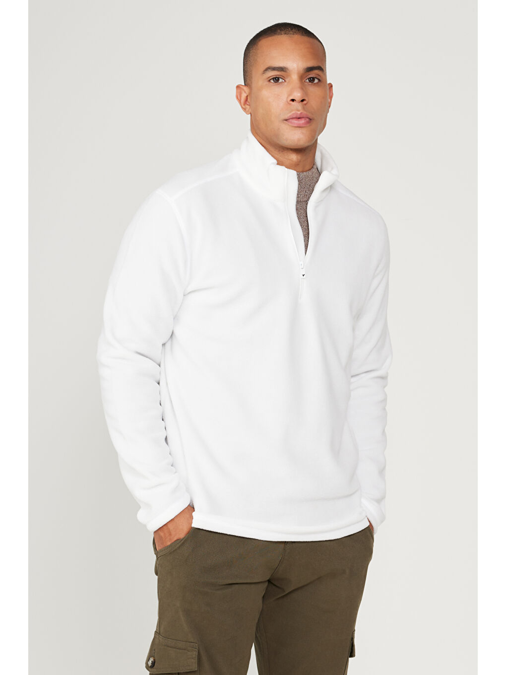 Erkek Beyaz Anti-Pilling Tüylenme Yapmayan Standart Fit Dik Yaka Polar Sweatshirt-6