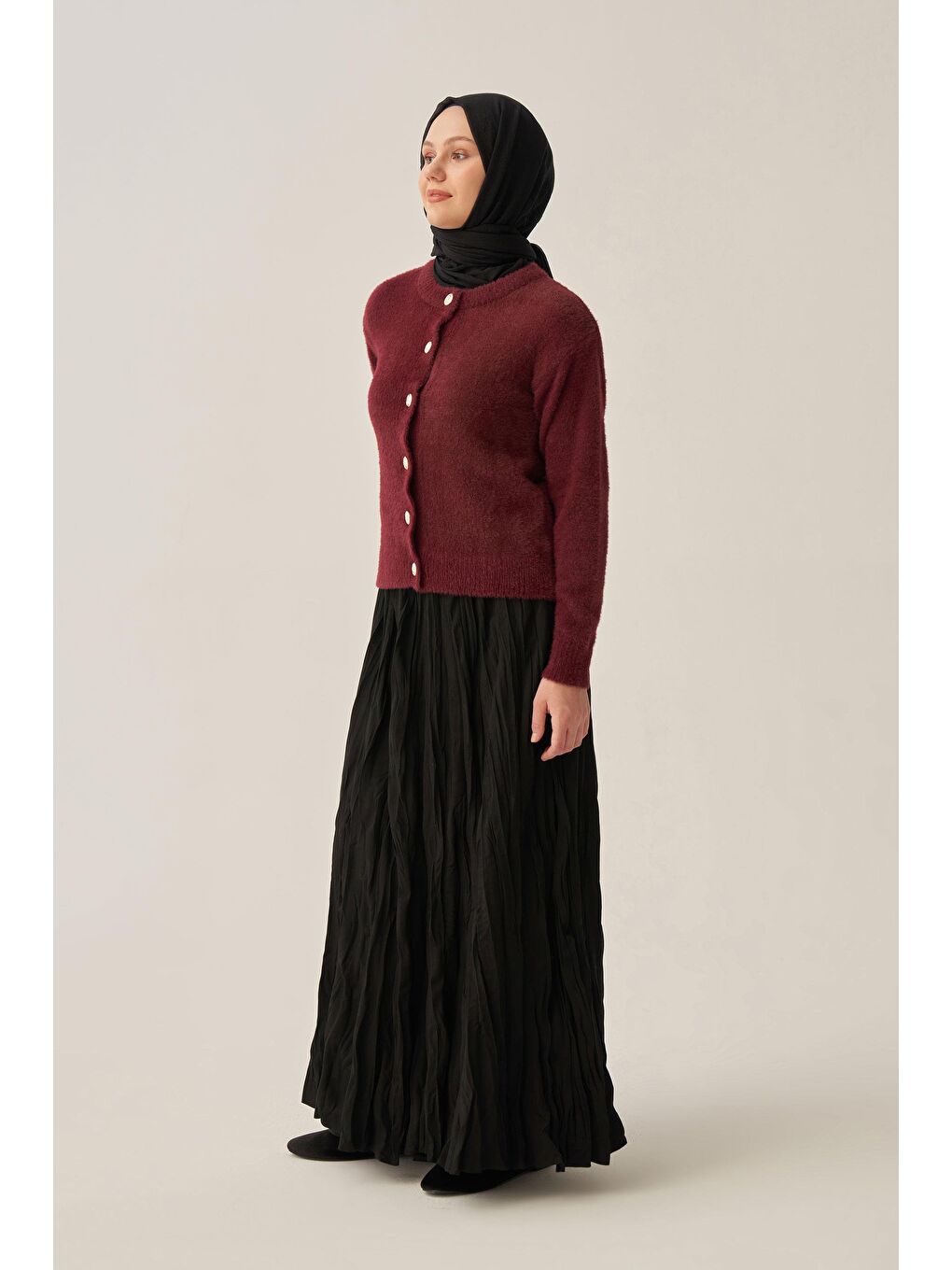 Bordo-Yumuşak Dokulu Dügmeli Hırka-2