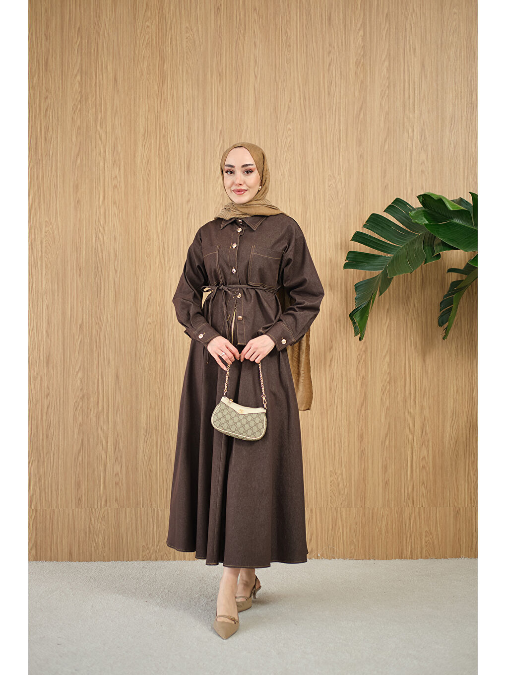 Kadın Çift Cep Detay Bel Bağlamalı Jean Takım Kahverengi-3