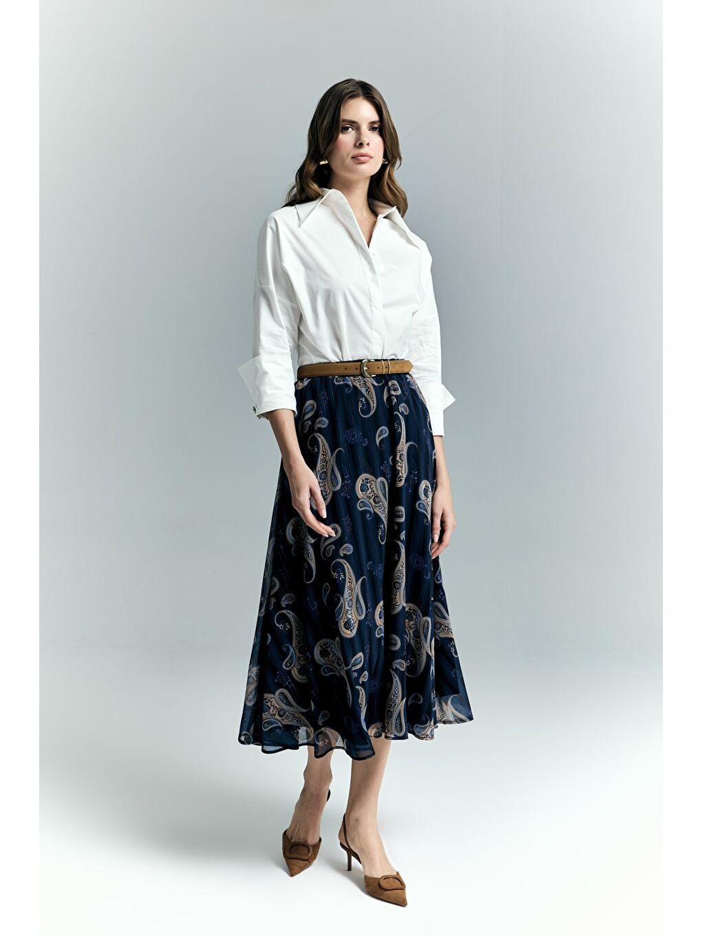 Şal Desen Şifon Etek - Lacivert-1