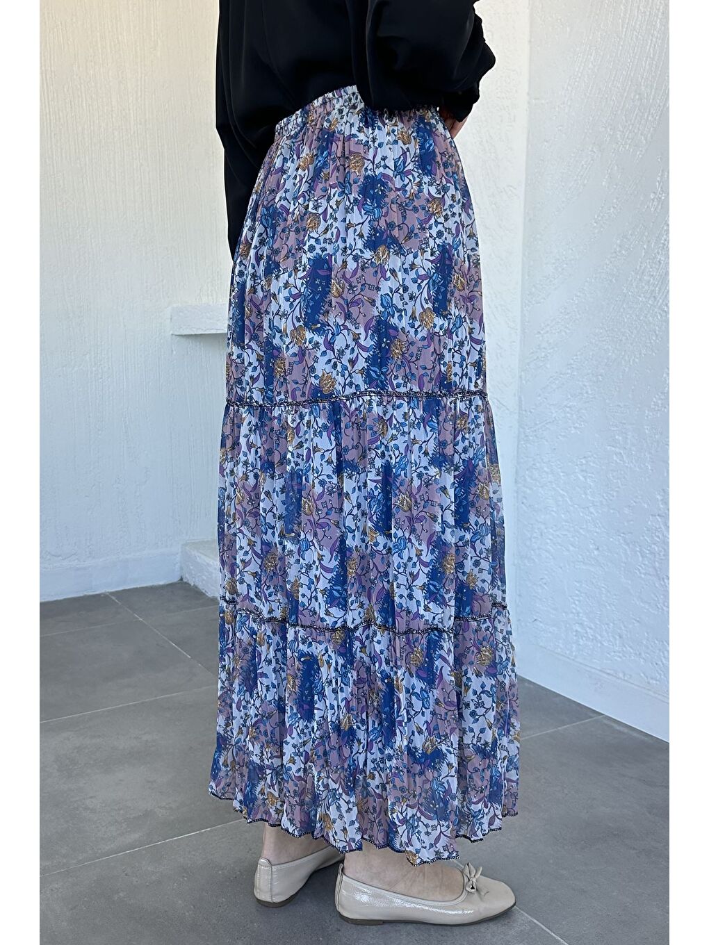 İndigo Bel Lastikli Desenli Şifon Tesettür Etek-4