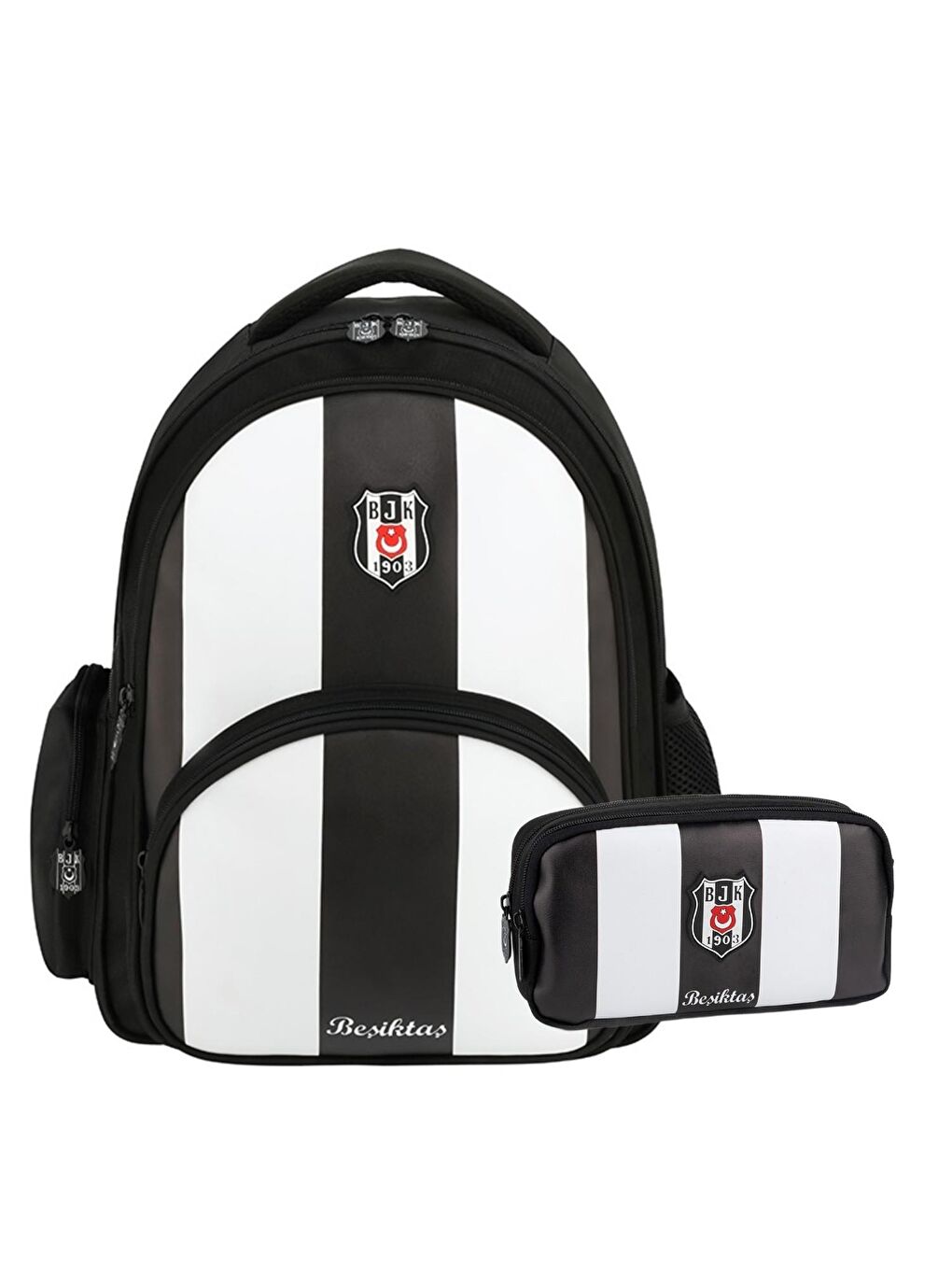 3 Bölmeli Çubuklu Suni Deri Okul Çantası + Kalemlik