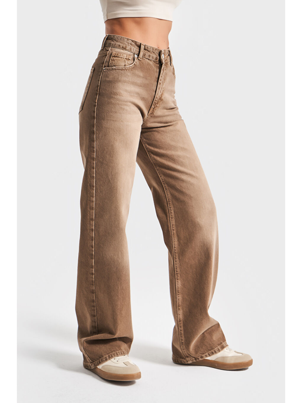 Kadın Taşlanmış Kahverengi 2s5-16 Straight Fit Yüksek Bel %100 Pamuk Denim Jean