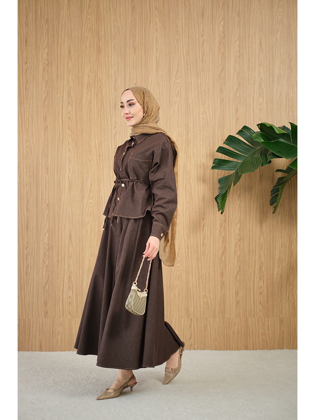 Kadın Çift Cep Detay Bel Bağlamalı Jean Takım Kahverengi-4