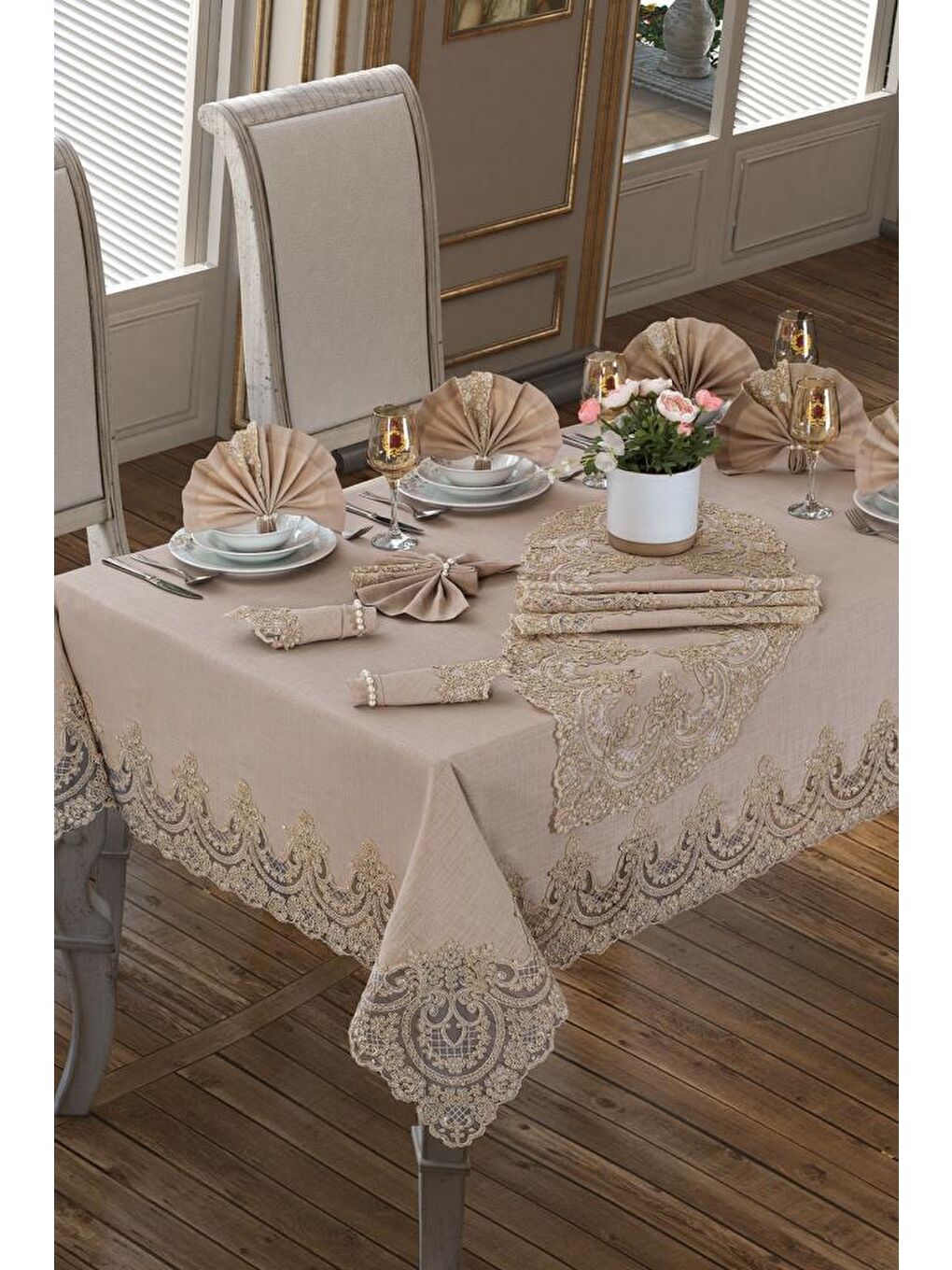 Kahverengi Lisa Masa Örtüsü Takımı 18 Parça Cappucino-4
